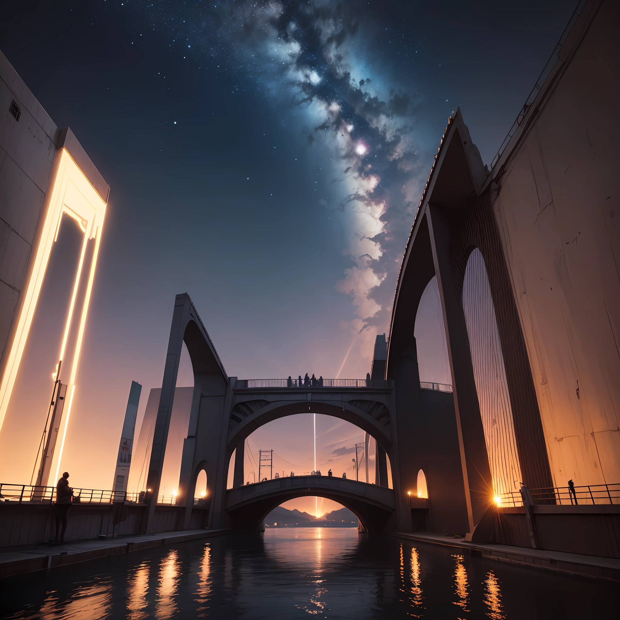 Bridge cable-stayed at night and completely illuminated, in the background a giant comet crosses the sky, ultra realistic, masterpiece, cinema, photo RAW --auto