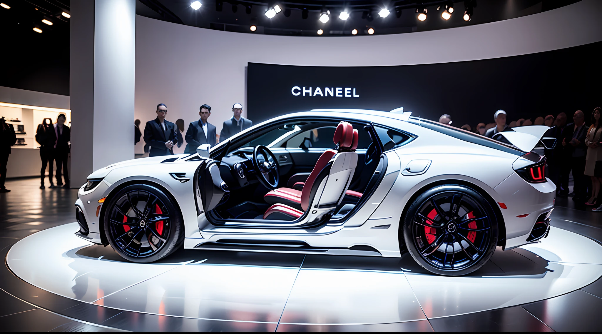 launch of the Chanel super car inside the Chanel store: chrome, white and black details, car on display, car illuminated by stage light.