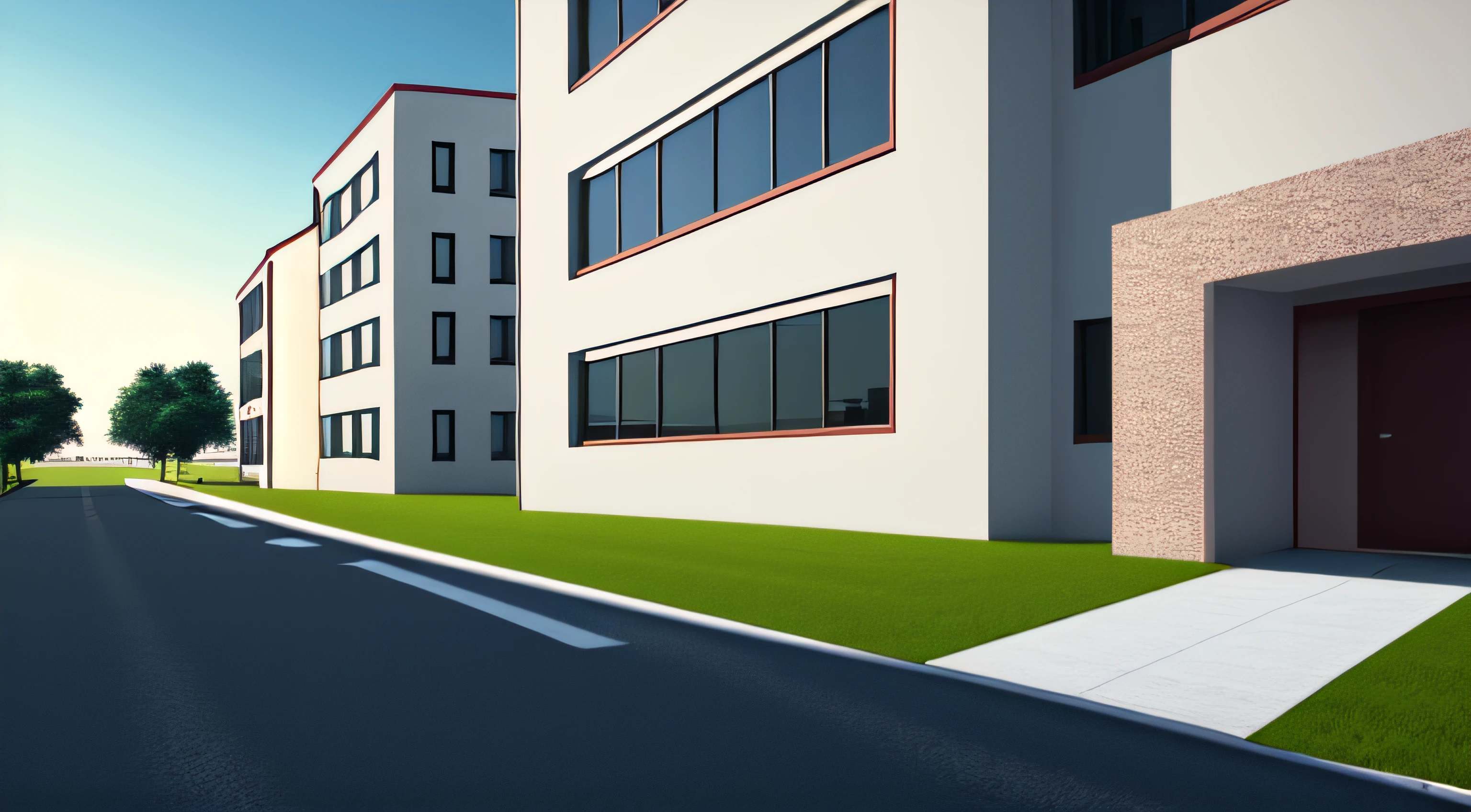 Apartment building, anime keyframes, hand drawn animation, two-point perspective