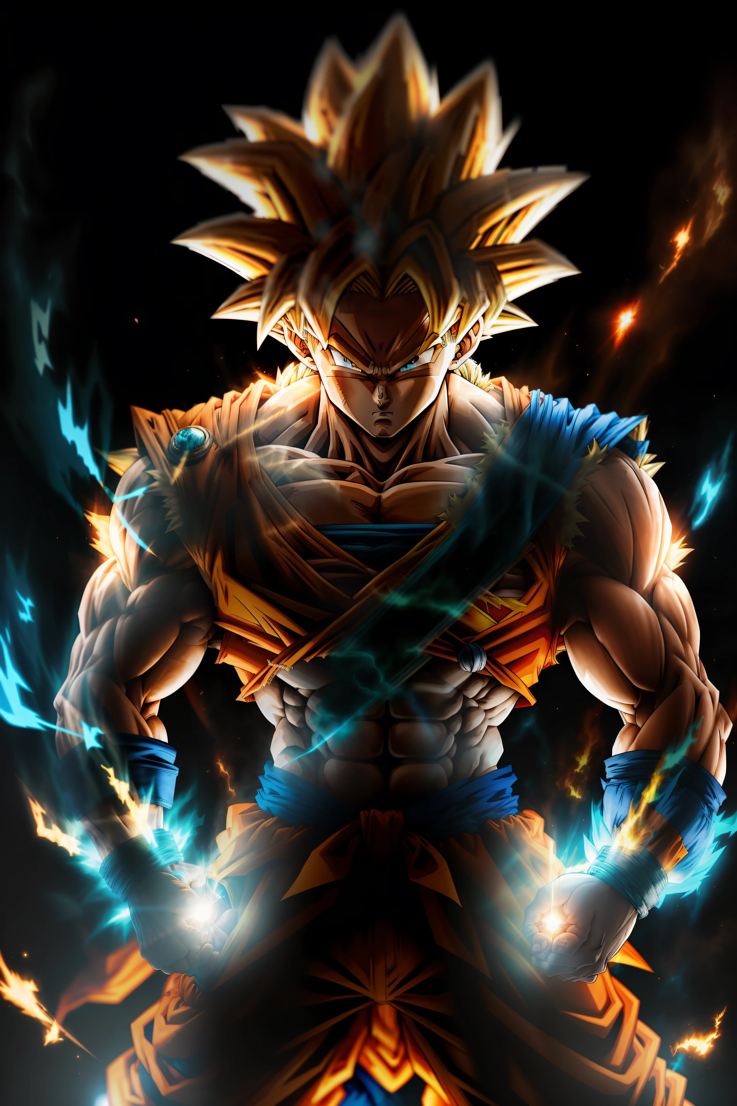 masterpiece, best quality, goku, super saiyan, light blue hair