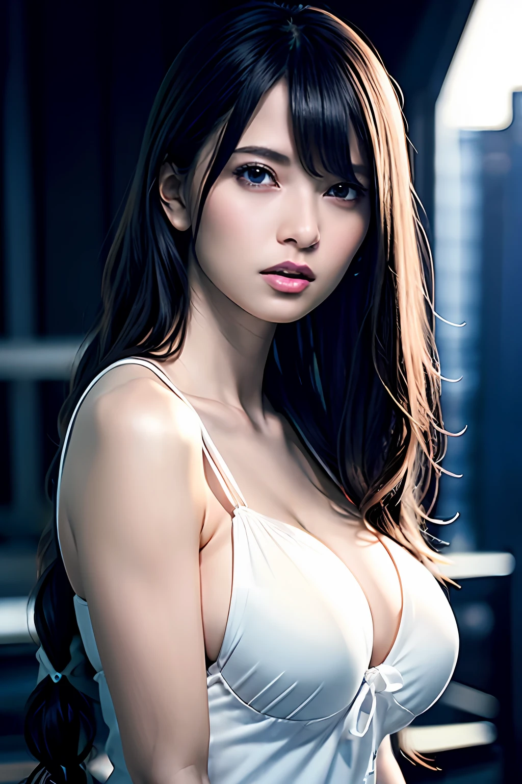 Ultra detailed complex 3D rendering of the face, (big breasts: 8.8), (masterpiece, top quality, octane rendering, 8K), glamour shot full body image, cleavage, (highly detailed skin: 1.2), (exposure: 1.1), (blonde))), (wearing a plummet tank top of white silk: 1.5)), one beautiful Caucasian woman with full soft breasts and white skin with big ass, Long braided hair, big breasts, dynamic angles, mystical expressions, ultra-realistic photos, ((portrait))), bare feet, futuristic urban background, facial muscles, detailed and beautiful queen tiara, in the style of Marvel Comics, ArtStation trends, clear focus, studio photography, intricate details, highly detailed, detailed yellow eyes, sharp focus, Digital rendering, professional, abs, shot with Canon EOS R 6, ((Sexy Pose))), Natural jungle, Mouth opening lightly, Mansuji, Crotch, Seductive look,