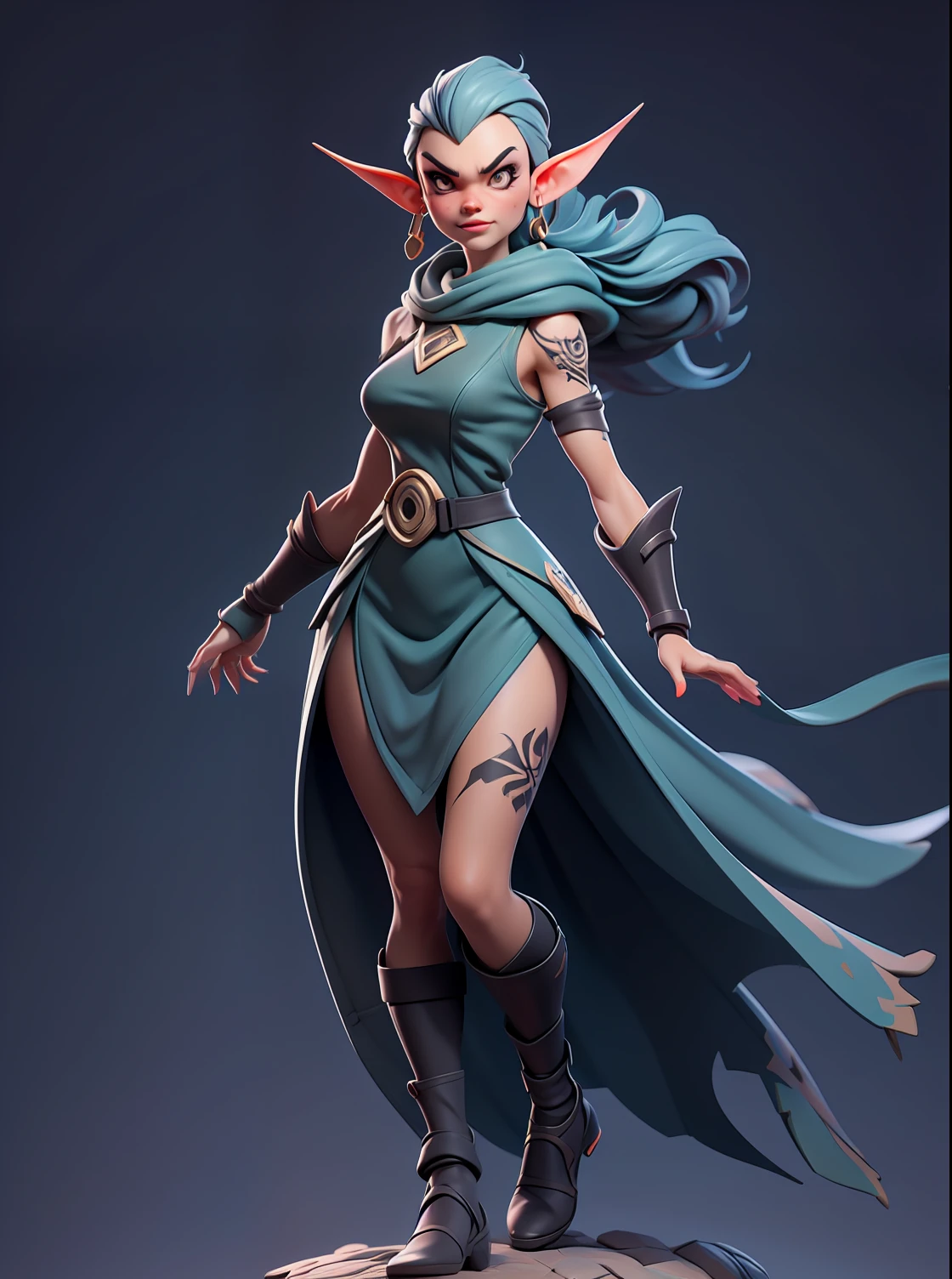 (Masterpiece), (Excellent), (Super Meticulous), (Full Body: 1.2), gorgeous Woman, Female dark elf, Sexy, Bursting, solo, 1 girl, Black ranger medieval style clothes, hyper detailed face, d&d iconic character, hyper natural realistic skin, herbal tattoos on her neck,Very Clean Face, Black Eyes, Confident Smile, 3D character design, CGI extreme detailed wallpaper digital painting, cartoon style correct anatomy, octane render, fierce expression on her face, volumetrics