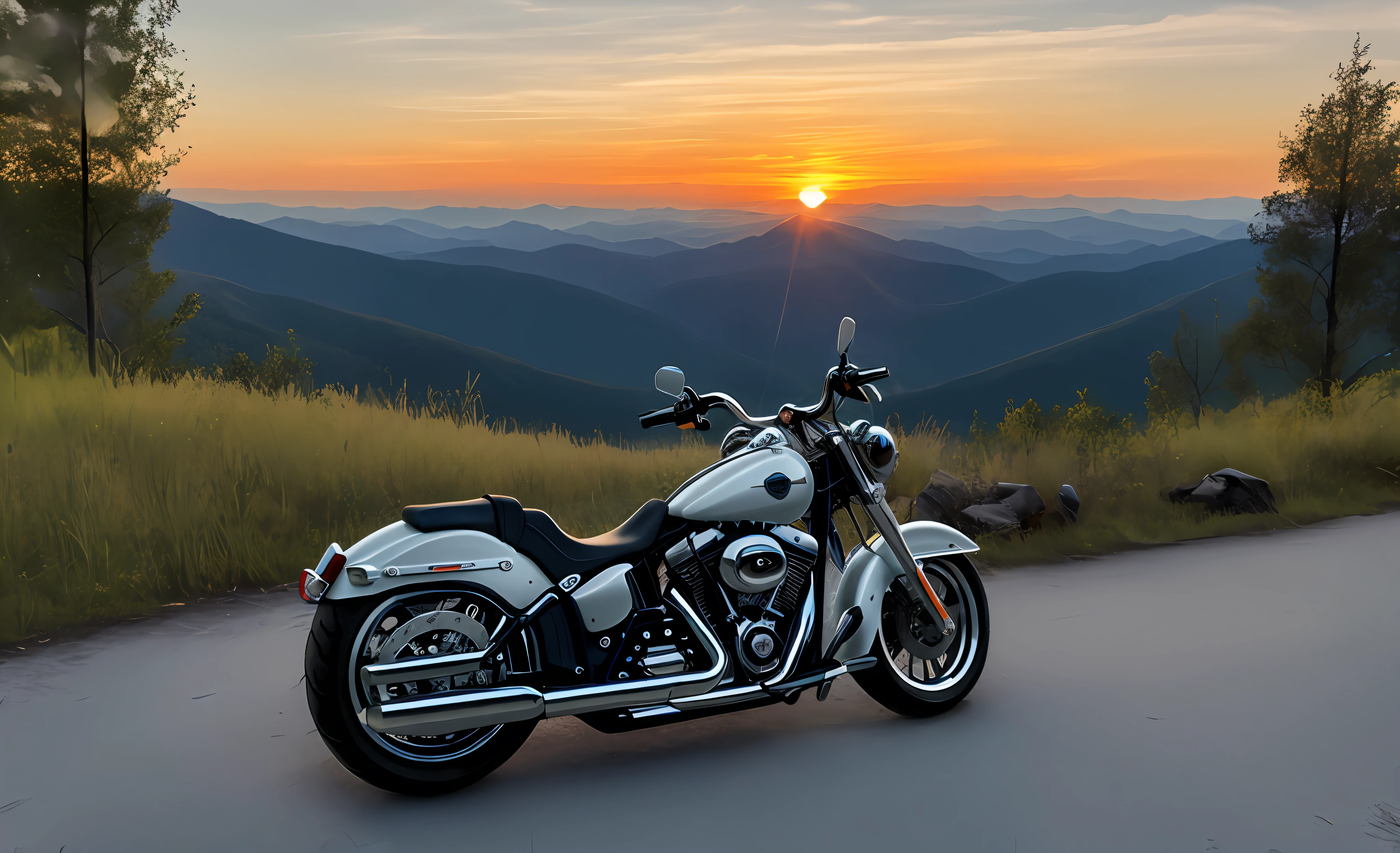 Harley davidson to mountain, sunset, 8k