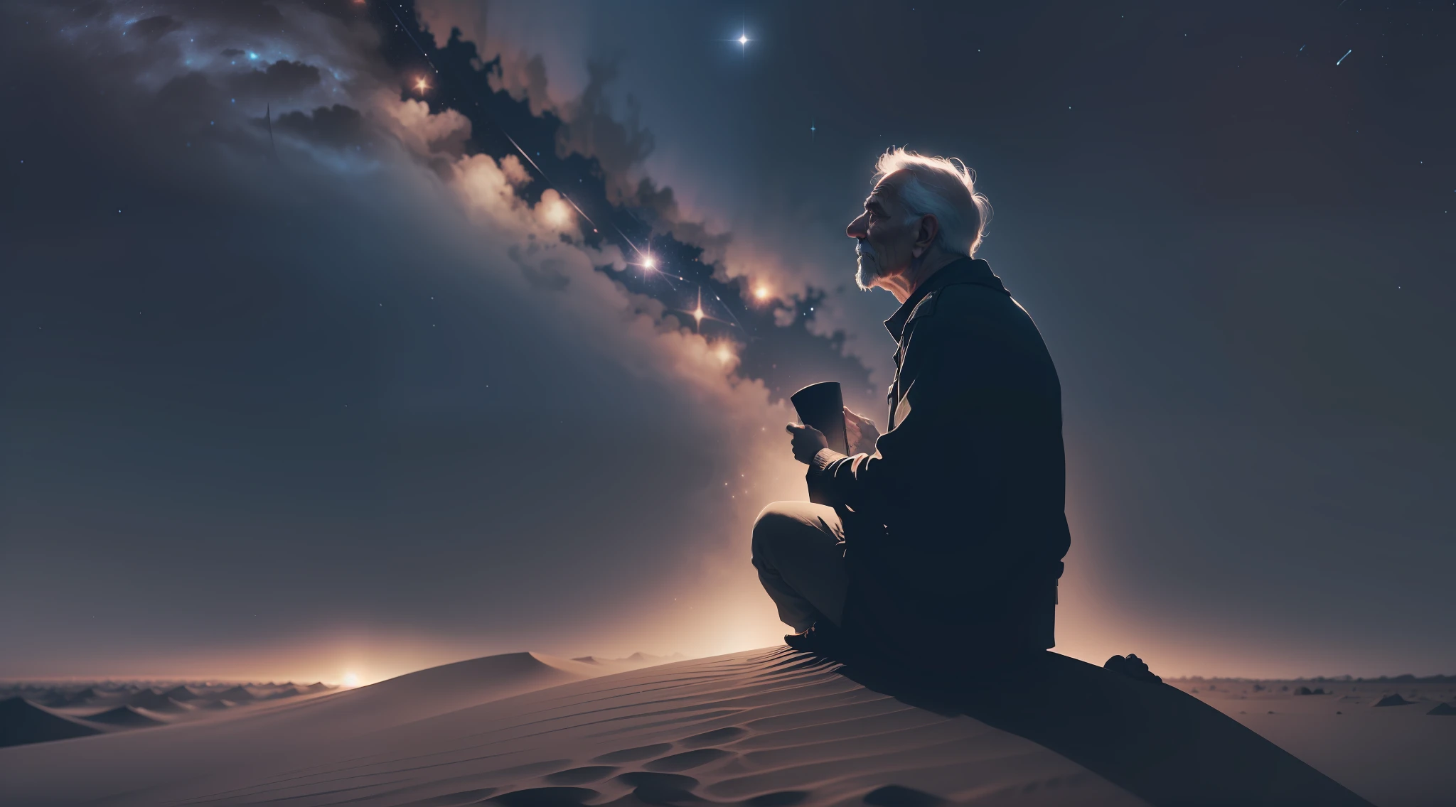 very old man, gazing at the stars, desert at night, (dreamy:1.2) (astronomical:1.1) (minimalist) (monochromatic) (subtle lighting) (silhouette) (vivid contrast) (ethereal atmosphere)