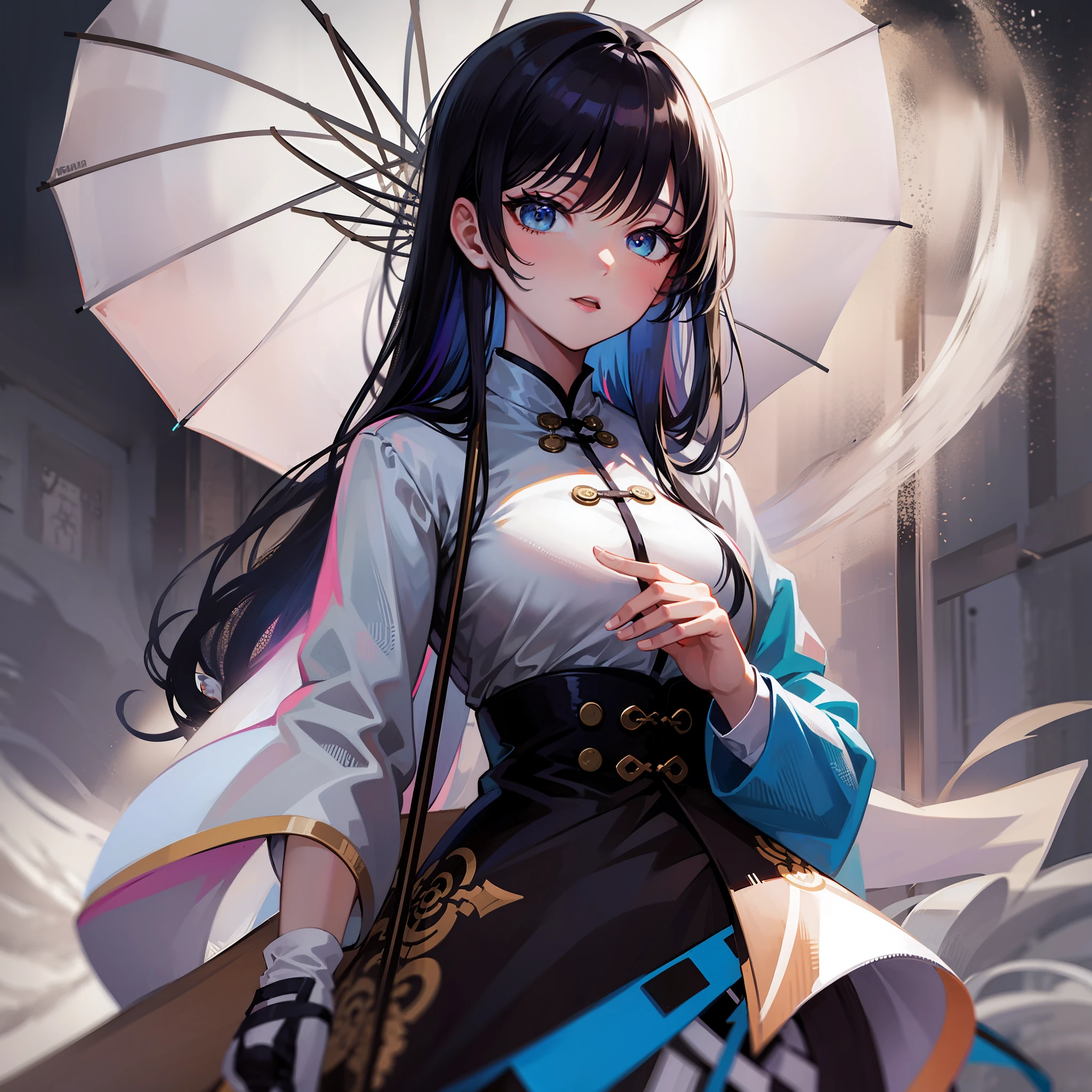 Lori, black hair, blue eyes, Daoist robe, white clothes, umbrella in hand, big breasts, short stature