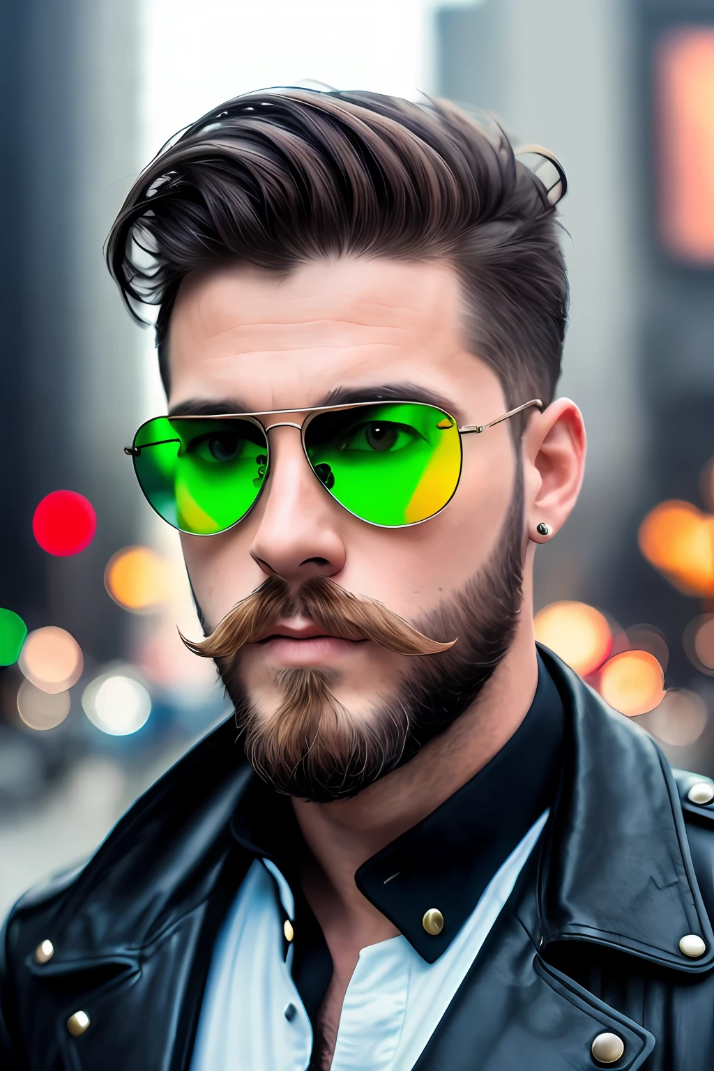 Handsome man (brunette) with big beard, thin mustache, masterpiece, best quality, (Sci-Fi: 1.2), street, DOF, (cyberpunk: 1.15), neon ((Ruyter Poubel )), (aviator style sunglasses), very short hair on the sides,