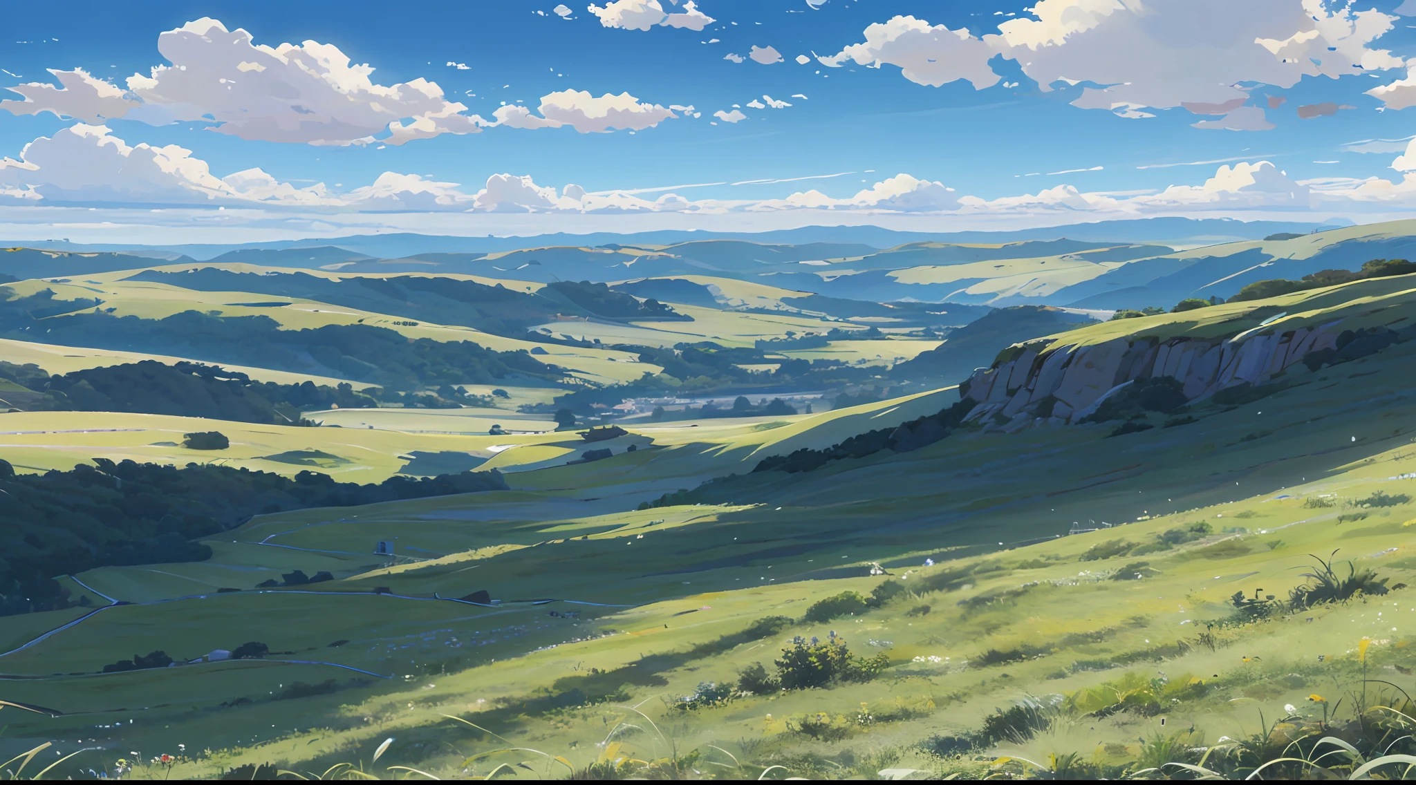 Grassland, pasture, blue sky, white clouds, meadow