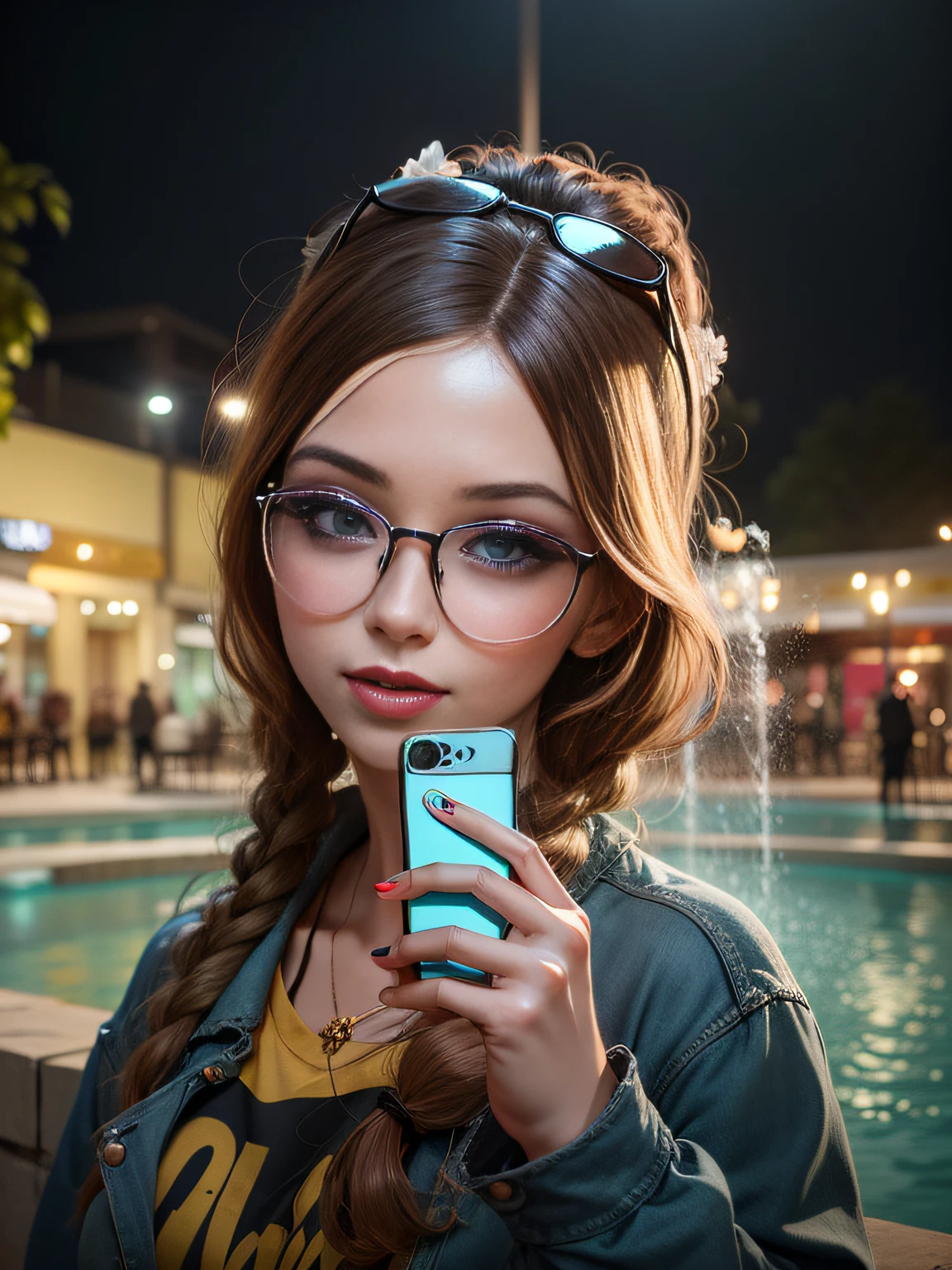 Beautiful woman with golden circular glasses taking a selfie, with the face of belle delphine --auto