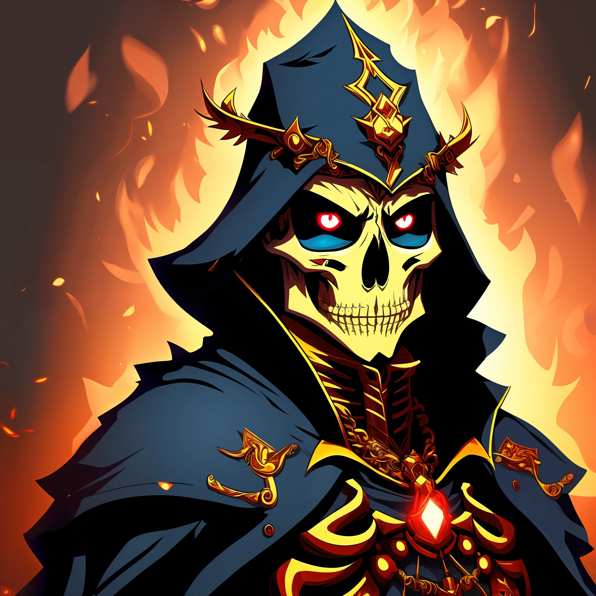 Skeleton, black cloak with golden details and a hood, a blue glow in place of the eyes, a black smoke with red eyes in the background, anime style --auto