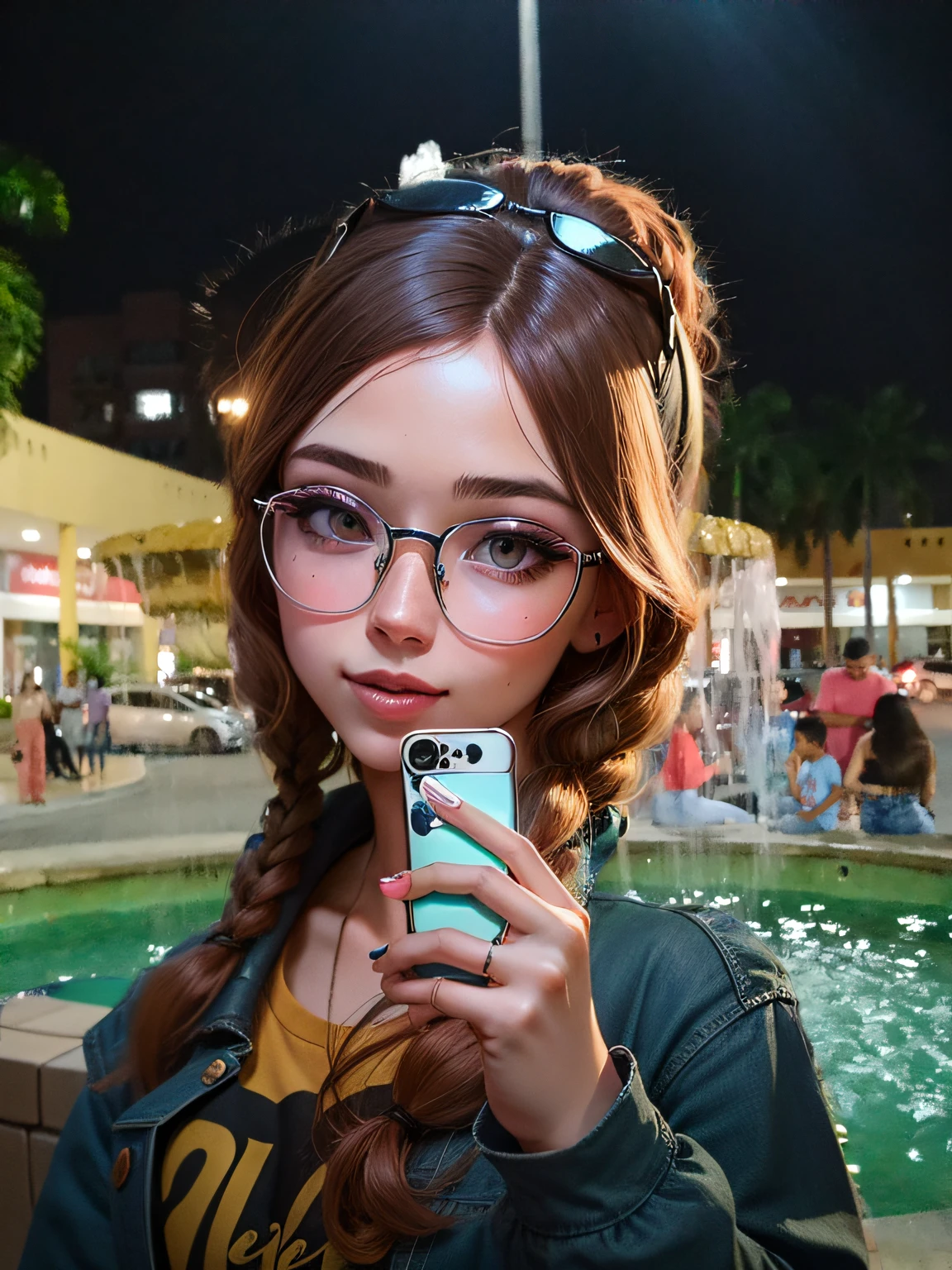 Beautiful woman with golden circular glasses taking a selfie in front of a fountain, Pokimane,, professional profile picture, head photo profile picture, wearing glasses, 8K selfie photography, Belle Delphine, 18 years old. --auto