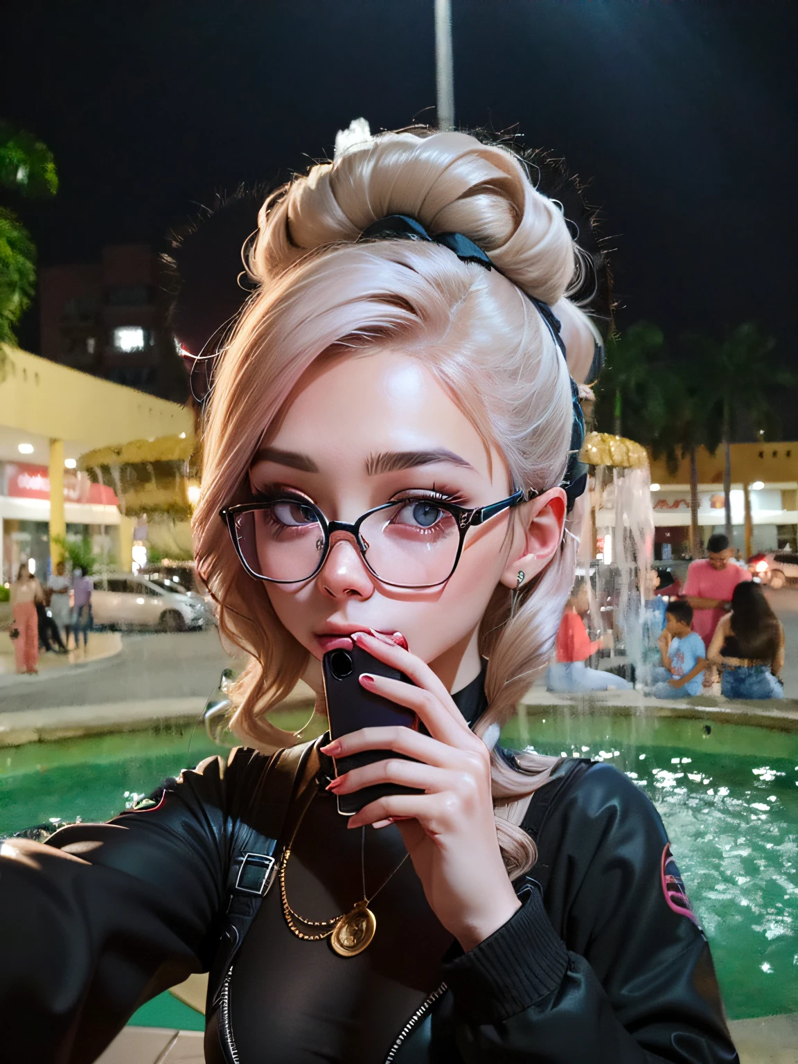 Beautiful woman with golden circular glasses taking a selfie in front of a fountain, Pokimane,, professional profile picture, head photo profile picture, wearing glasses, 8K selfie photography, Belle Delphine, 18 years old. --auto