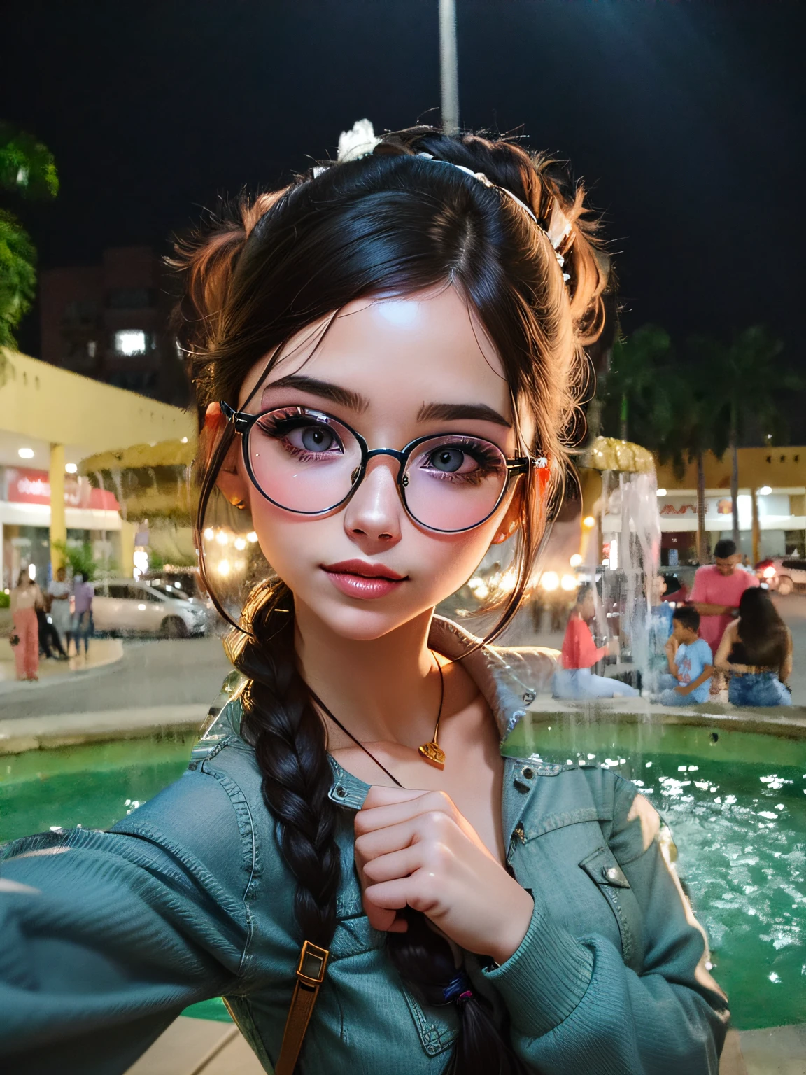 Beautiful woman with golden circular glasses taking a selfie in front of a fountain, Pokimane,, professional profile picture, head photo profile picture, wearing glasses, 8K selfie photography, Belle Delphine, 18 years old. --auto
