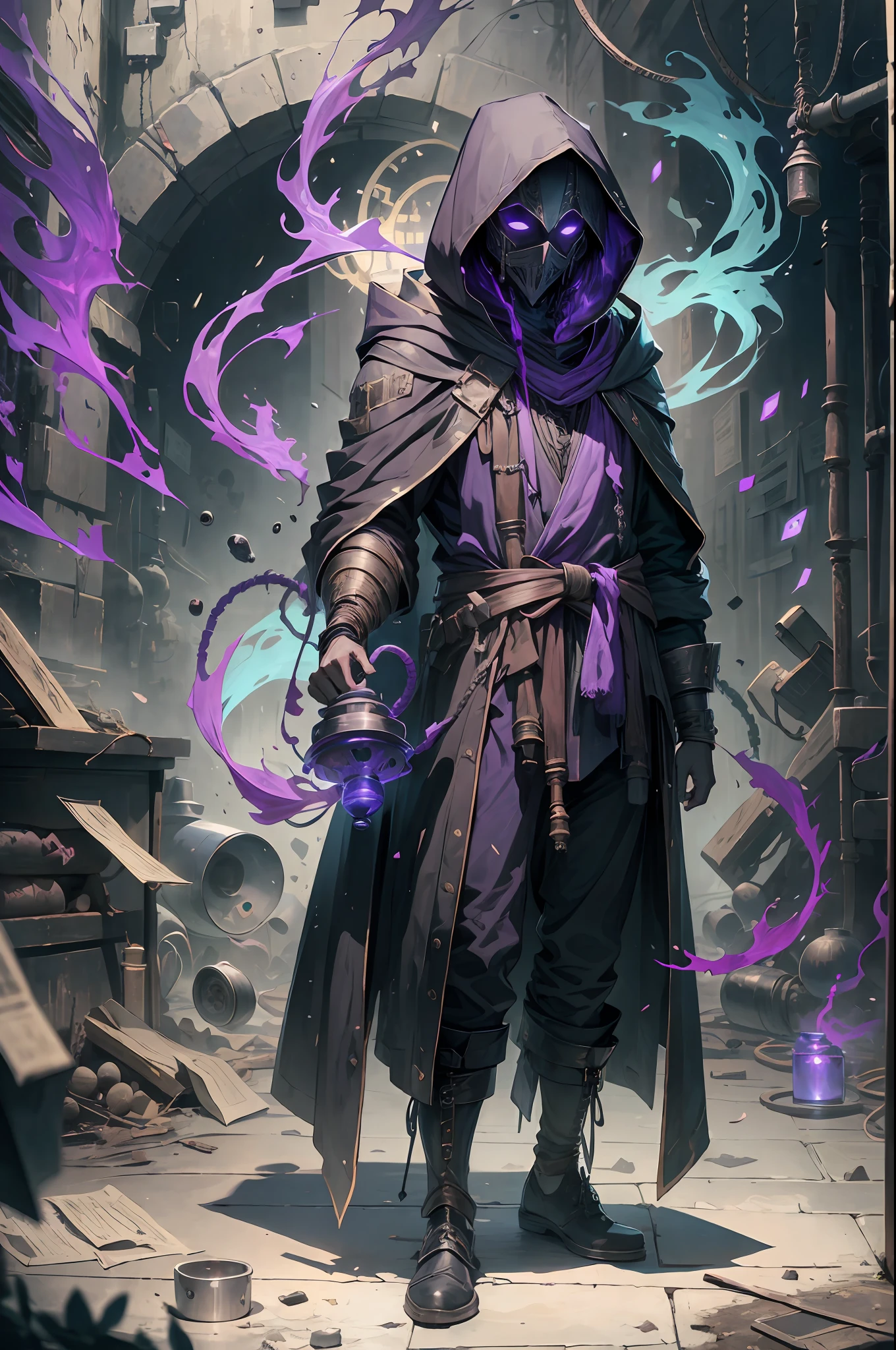 Man wearing Black Death doctor's mask, with a black hooded robe, wearing a purple scarf, with diving cylinders on his back, with tubes through his clothes, aura of disease