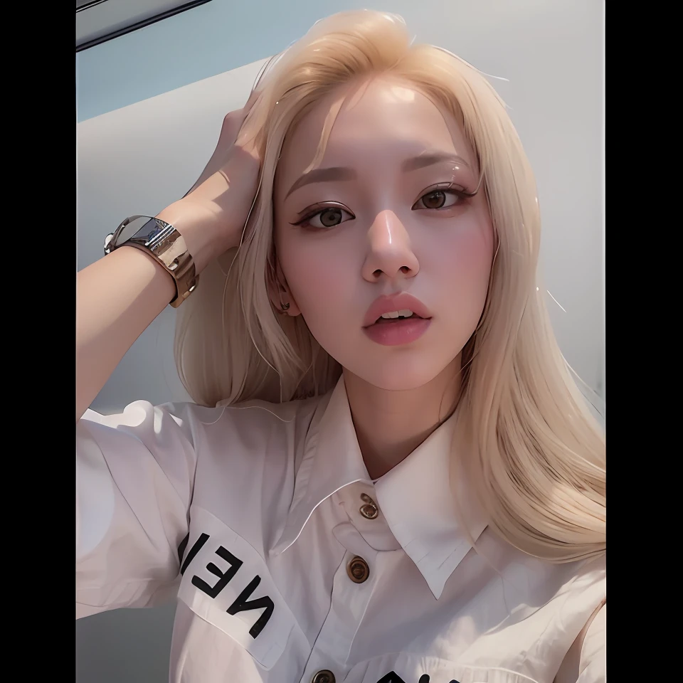 Close-up of blonde woman in white shirt, her hair is white, Roseanne Park in blackpink, Joshi in blackpink, long white hair, long white hair, very pale blonde hair, portrait of Joshi in blackpink, Kim Do-young, very pale blonde hair, Ulzzang, CL, Ruan Jia beautiful!, presenting,