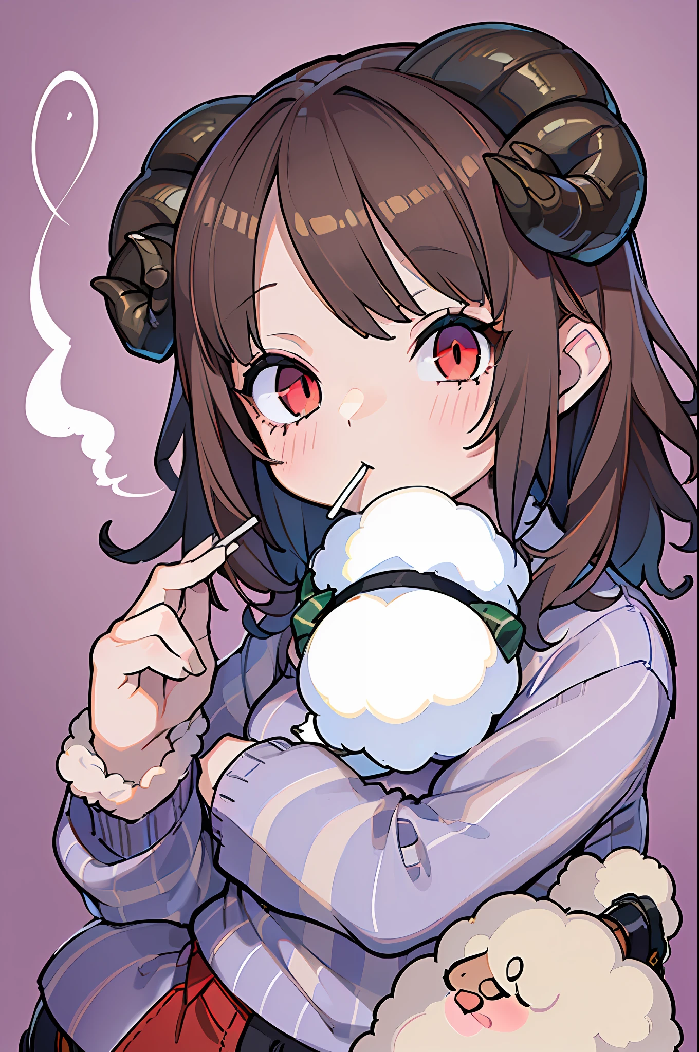 ((portrait):1.5),((9--old l /with sheep's horns):1.5), bulging hips,((brown curly hair):1.2),(wearing a striped shirt:1.4),(black shoes:1.5) ((red eyes):1.3), smoking a cigarette,((single background):1.5),4k,