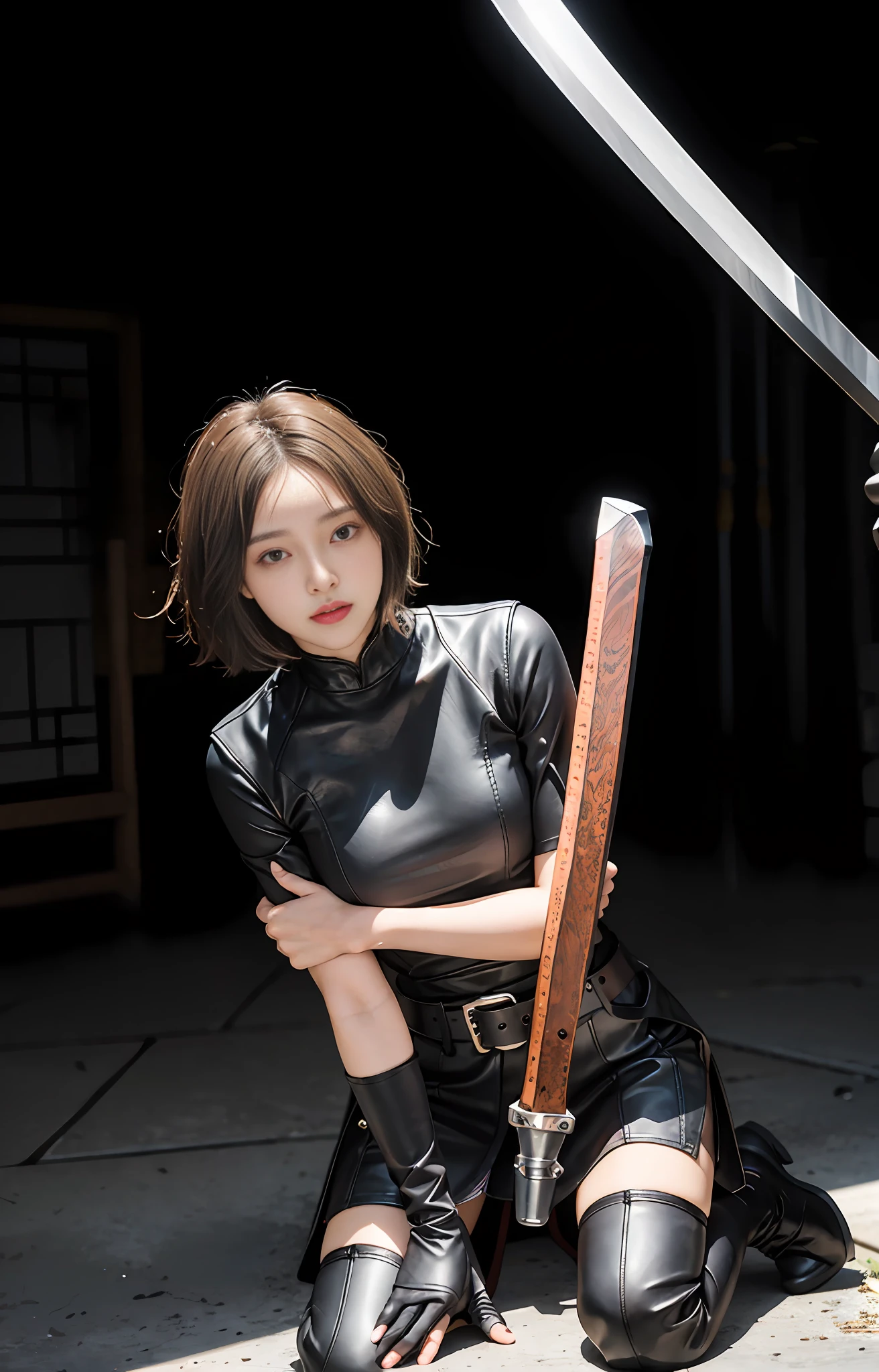 Official art, extremely detailed CG Unity 8k wallpaper, best quality, masterpiece, high resolution, beautiful girl ninja, short hair, black crop top leather armor, brown belt, scabbard on thigh, Japanese sword, leather gloves, black minileather skirt, black over-the-knee flat boots, tight leather suit, leather texture, full body photo, melon face, small face, fell to the ground, leaking out of the bottom of the skirt