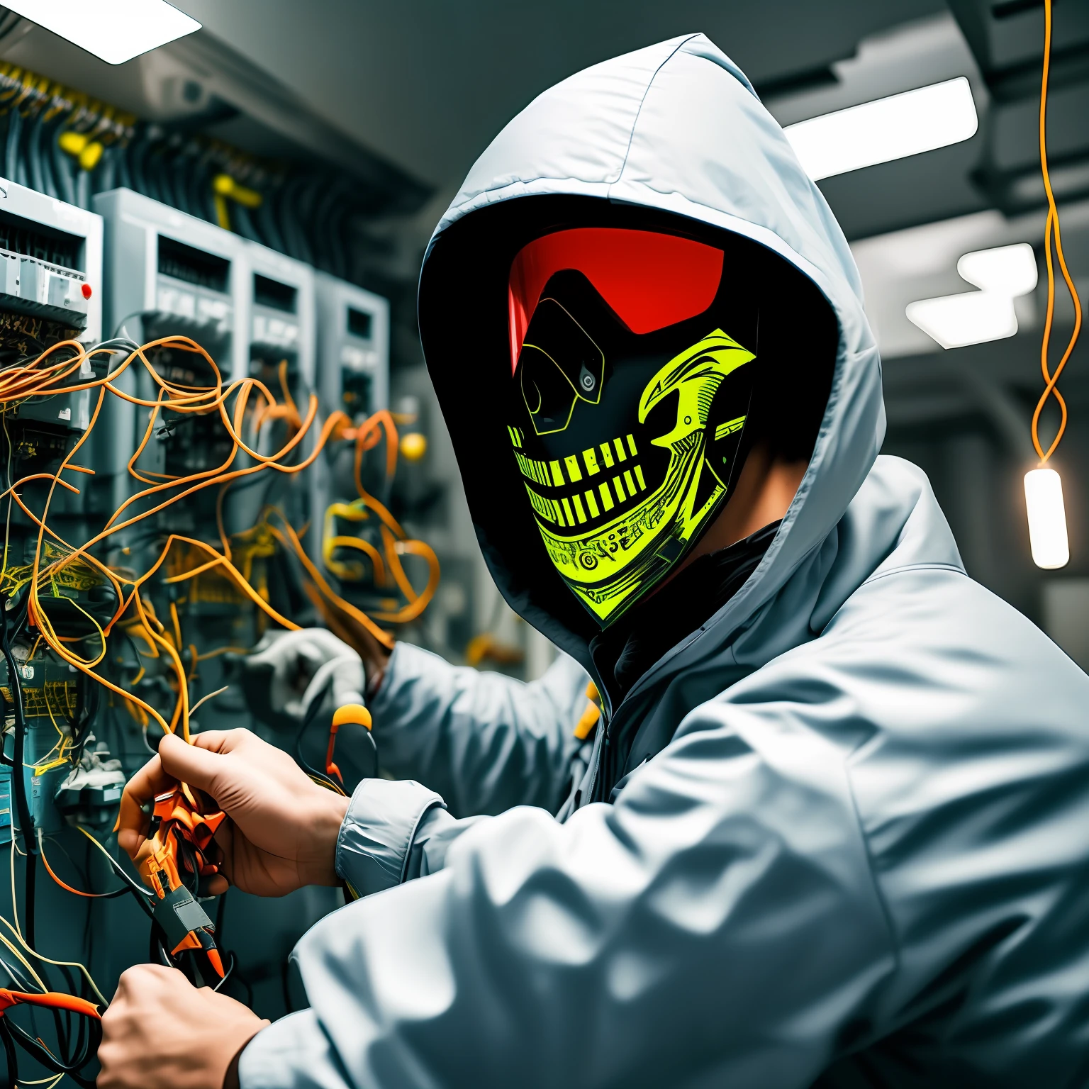 Hakers in electrical installations light plants nuclear plants, hooded skull mask --auto