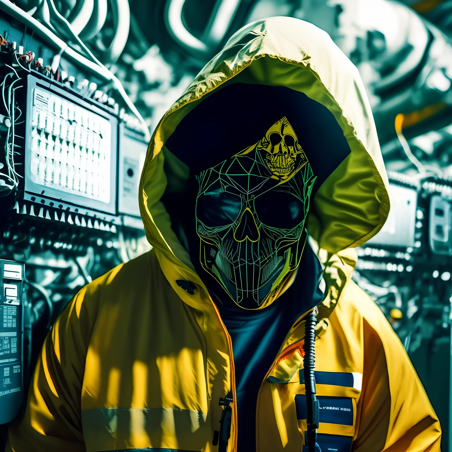 Hakers in electrical installations light plants nuclear plants, hooded skull mask --auto