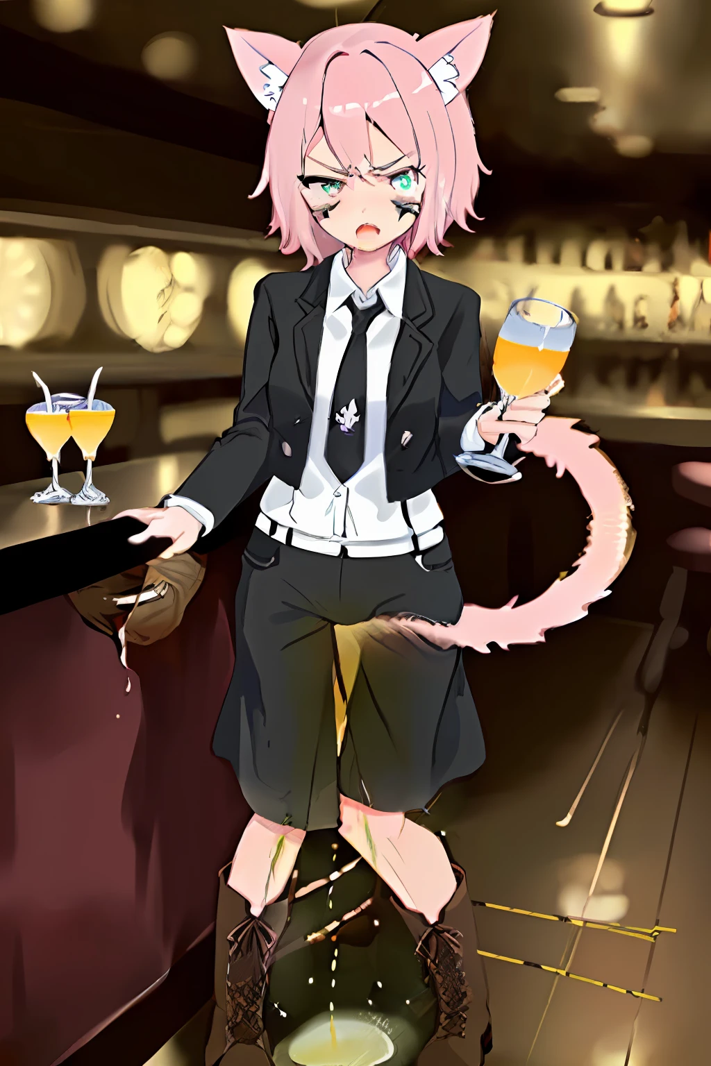 ((spiralwash eyes drunk cat girl in the bar)), (cute green-spiralwash-eyes pink-cat-ears-short-hair :3 mouth drunk face, black-jacket, white-shirt, red-necktie, black short-pants, lace-up-boots, detailed holding a glass-goblet hands), spiralwash eyes,(masterpiece, best quality, extremely detailed CG, beautiful detailed eyes, ultra-detailed, intricate details:1.2), 8k wallpaper, elaborate features, full body, (1girl, solo:1.4), legs open, embarrassed, angry, glaring at viewer, surprised, 8K,(Peeing self:3) frantic expression, cameltoe, desperate to pee
