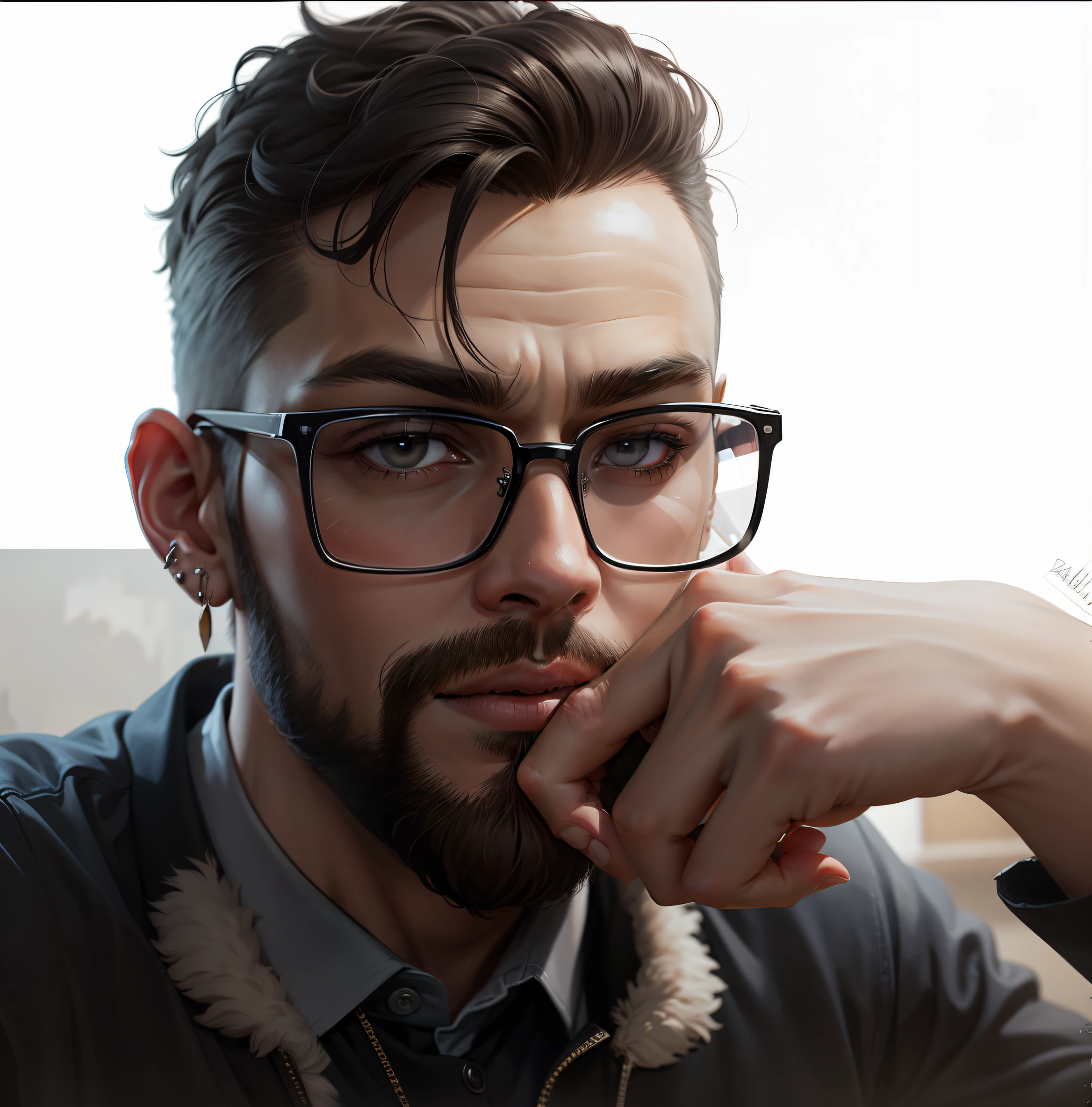 Make a drawing of me, with dark black eyes, equal hair, beard, earring and glasses --auto