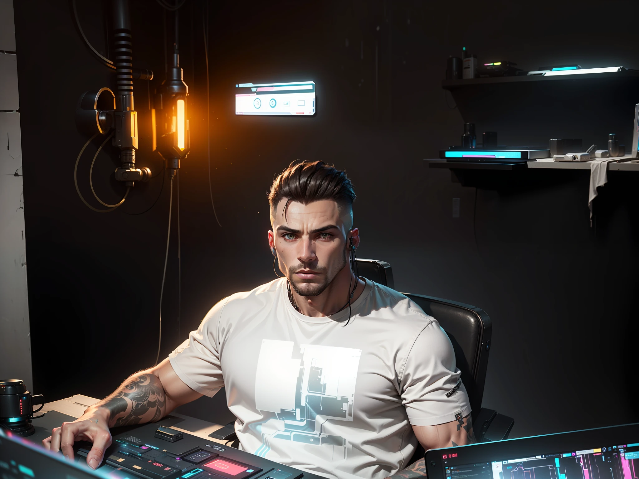 Create a cyberpunk style man, futuristic background, keep hair, futuristic cyber suit, (best quality), ((1:1 resolution), (face centered in the center of the image), avatar photo only, (head + shoulders), 8k resolution, highly realistic.