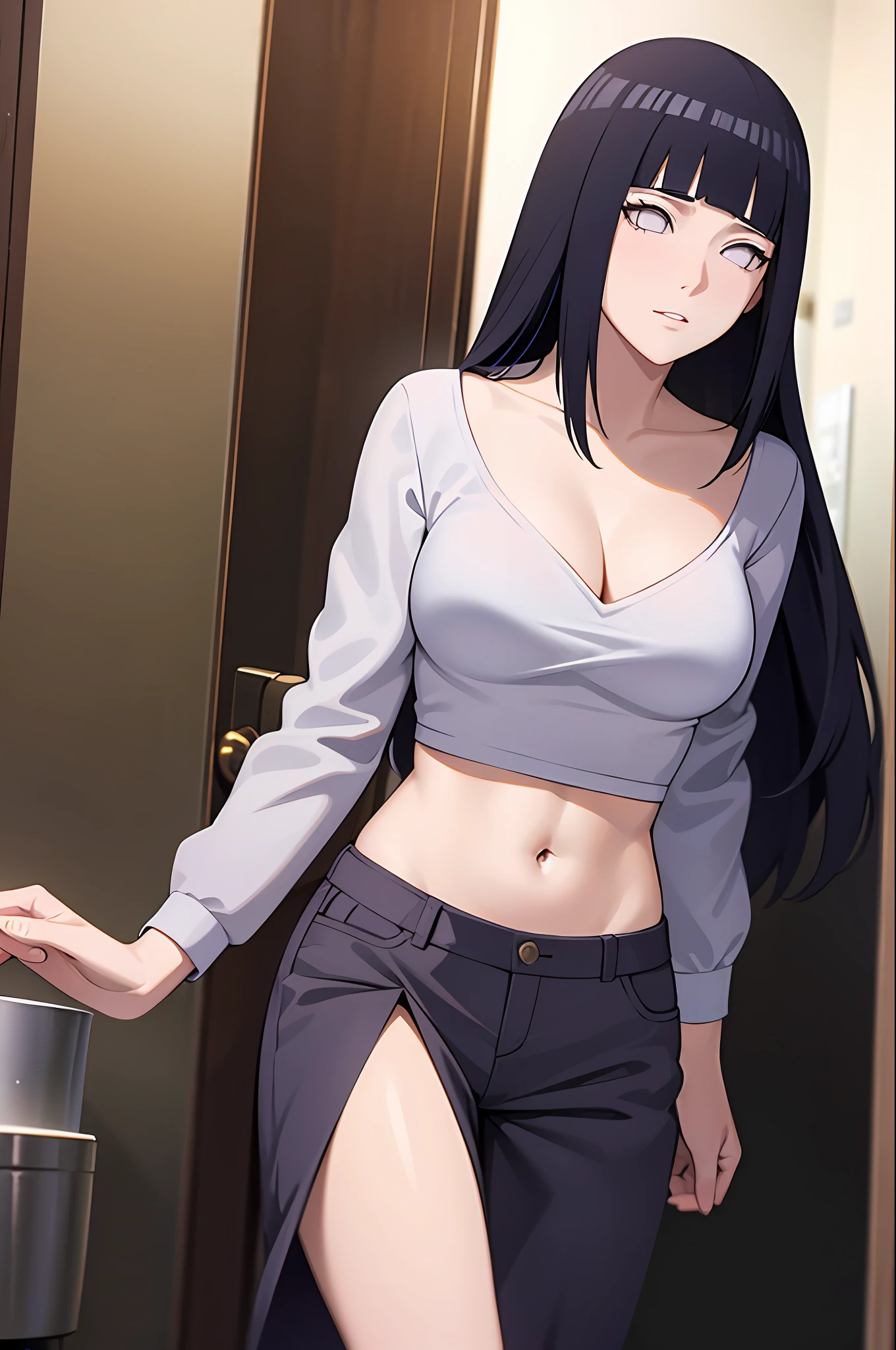 masterpiece, best quality, hinata/(boruto/), long hair,  medium breast, cleavage, navel, slim legs