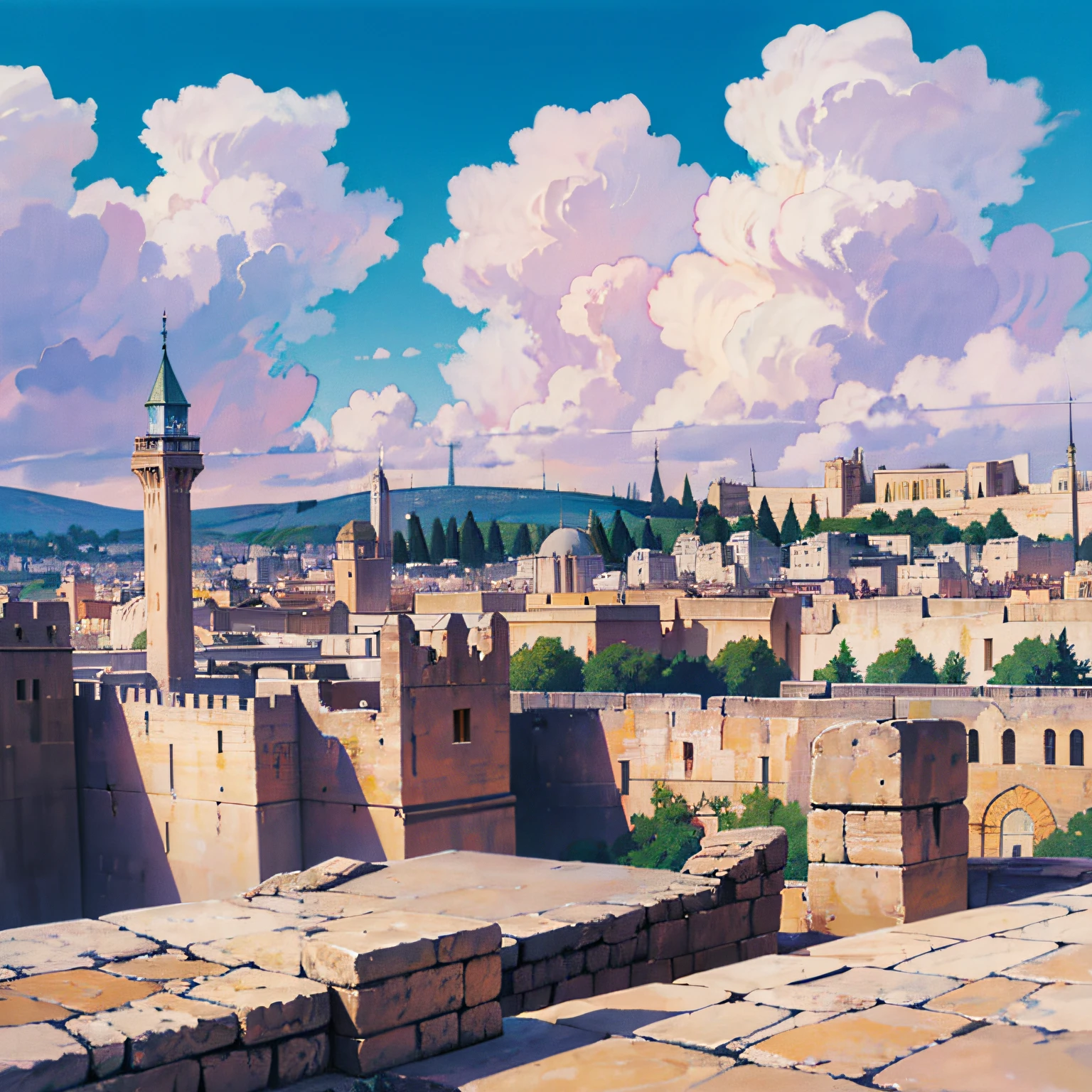 Ancient Jerusalem, from the time of Christ, realistic image, sky with clouds, roger dean's style, 16:9, 4K --auto --s2