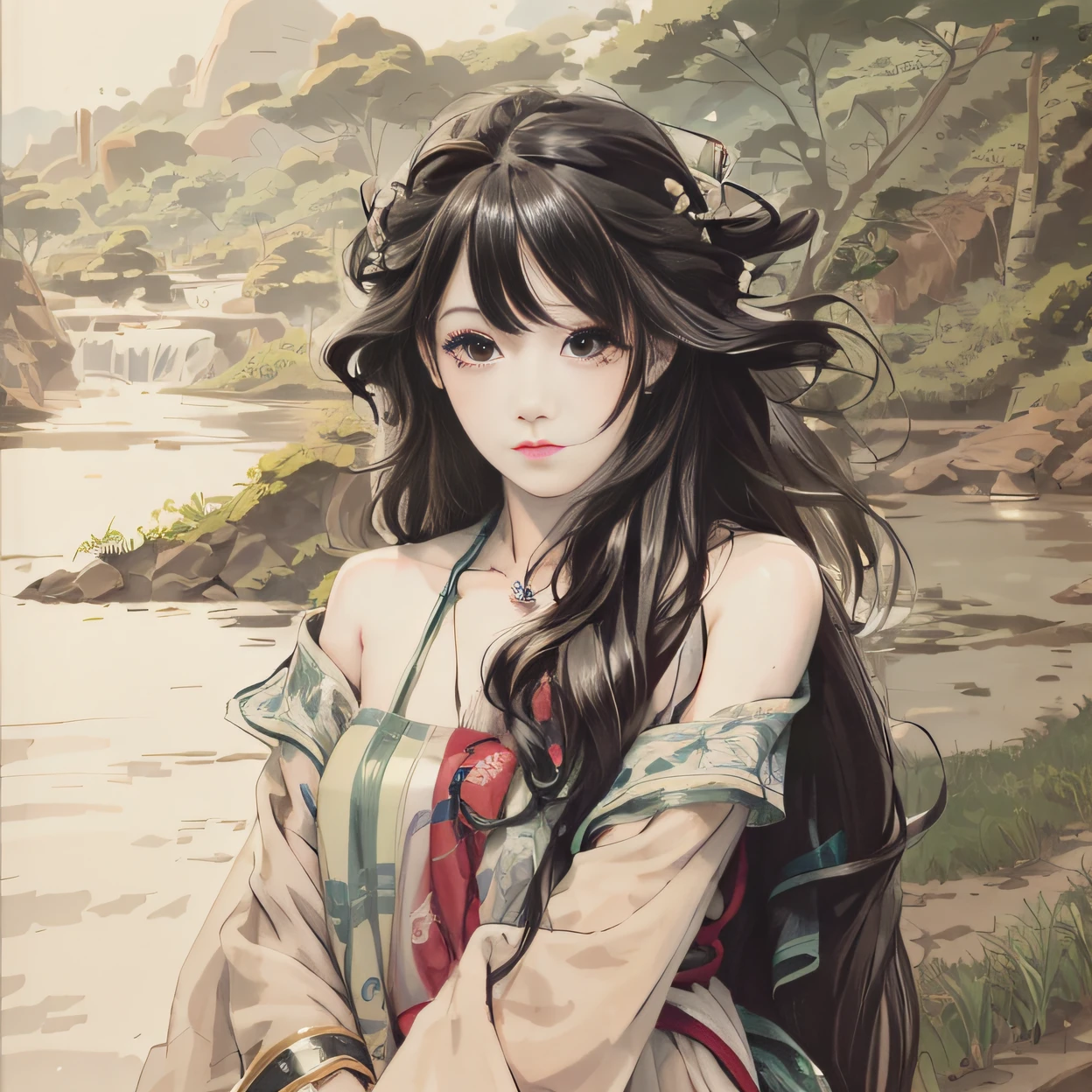 st.louis, masterpiece, best quality, official art, 8k wallpaper, highly detailed, illustration, 1 girl, black hair, bamboo forrest, bare shoulders, lakes, pure, look at viewer,