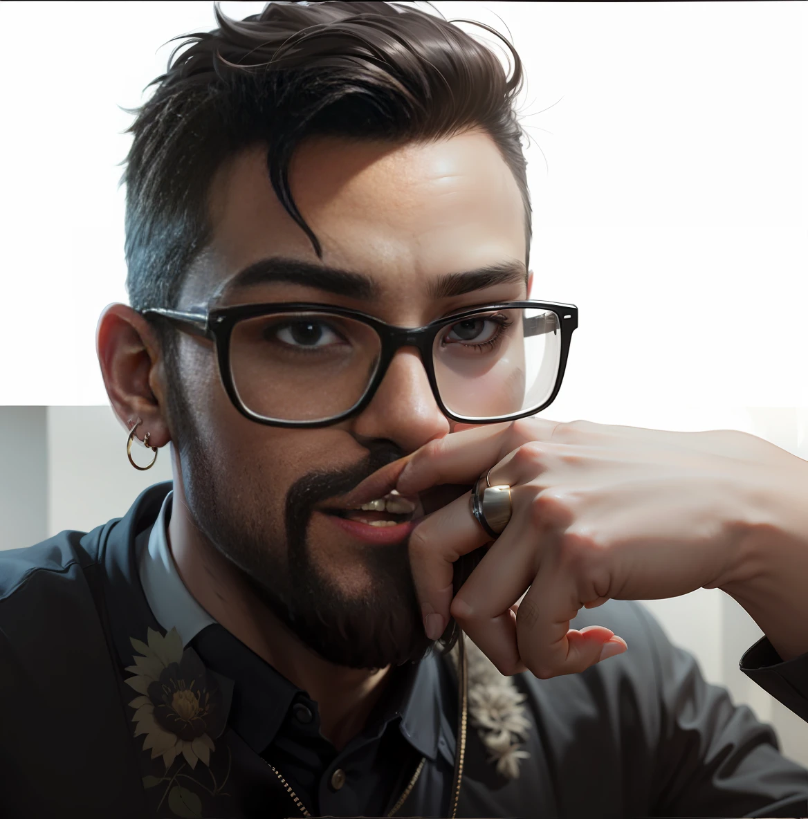 Make a drawing of me, with dark black eyes, equal hair, beard, earring and glasses --auto