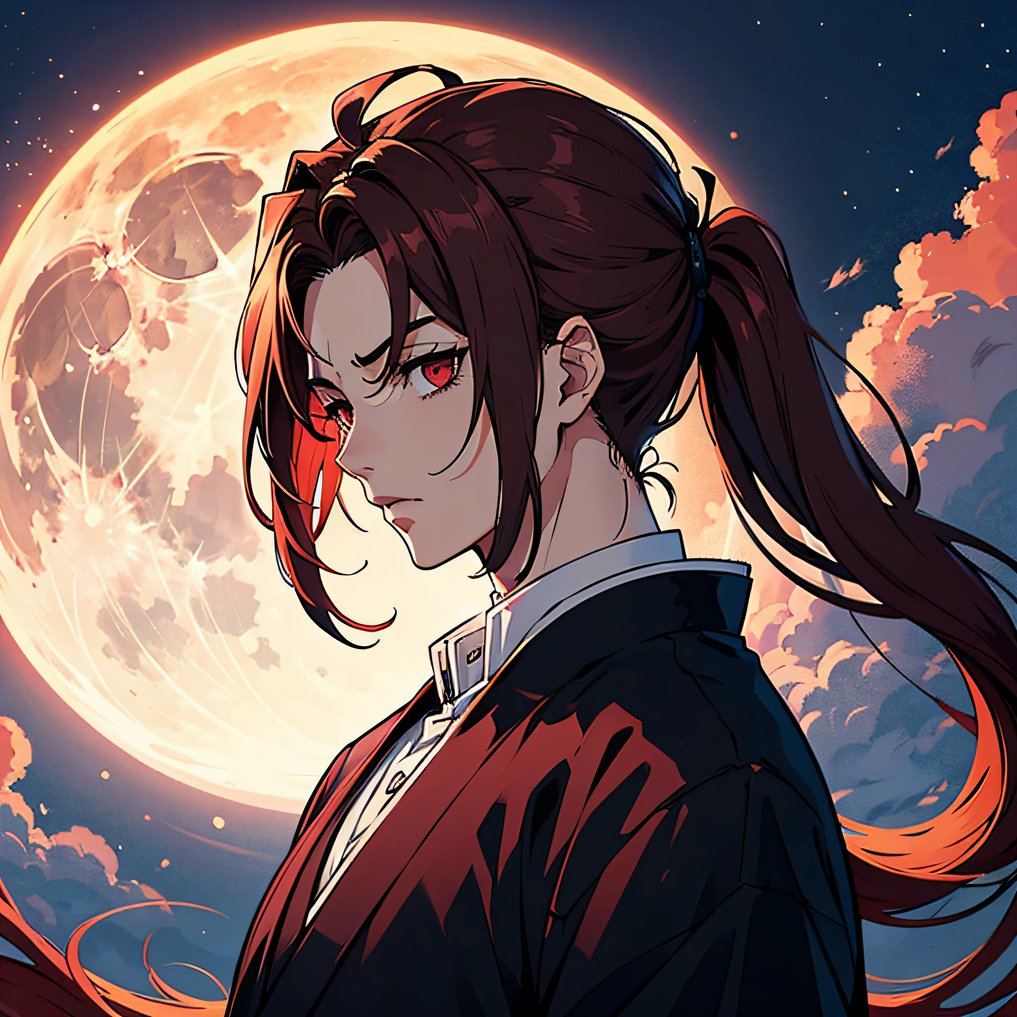 Describe an image of a character inspired by Tanjiro Kamado, the protagonist of Kimetsu no Yaiba. Anime style, a male character with a red-eyed appearance, a large dark reddish hair, with a brave look in the background of a gloomy nightscape with the full moon in the background sticking out --auto