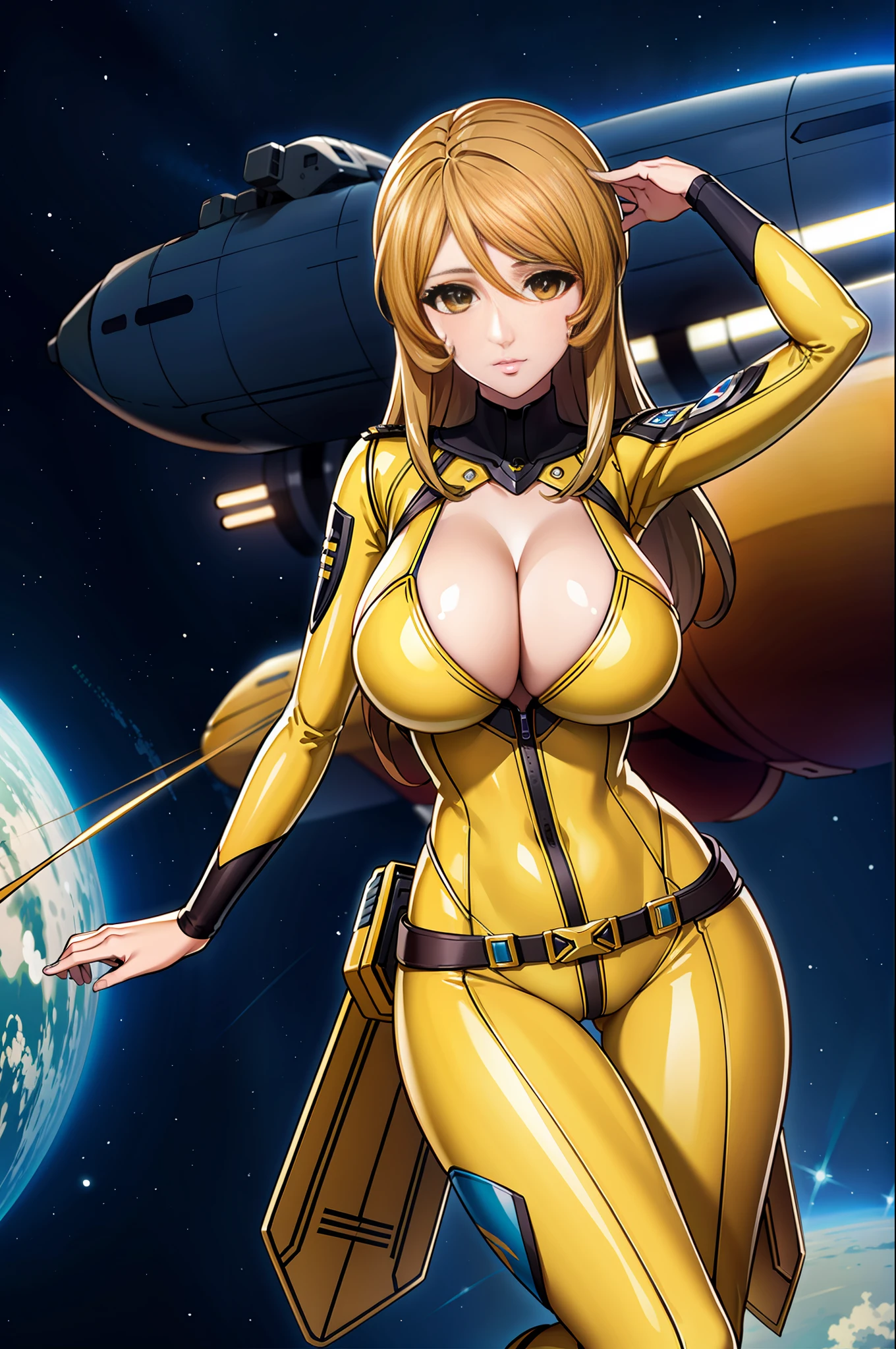 8K, 1girl, spaceship, bodysuit, cleavage, night, galaxy, space, huge breasts, arms behind the head, viewer watch, , solo focus, cowboy shot, (masterpiece: 1.4), (best quality: 1.4), (shiny skin), steamed body, M-shaped open legs, high leg, bare feet, yellow knee length enamel pin heel boots,