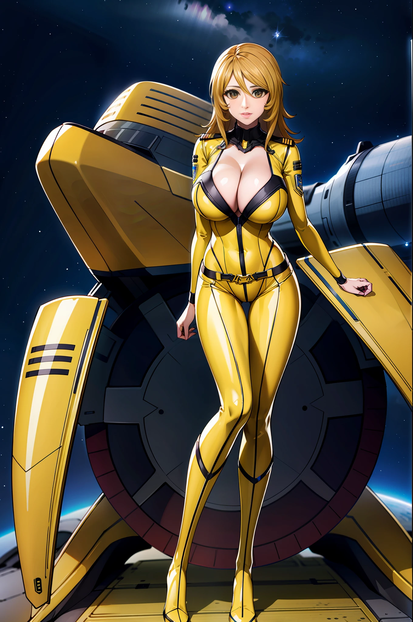 8K, 1girl, spaceship, bodysuit, cleavage, night, galaxy, space, huge breasts, arms behind the head, viewer watch, , solo focus, cowboy shot, (masterpiece: 1.4), (best quality: 1.4), (shiny skin), steamed body, M-shaped open legs, high leg, bare feet, yellow knee length enamel pin heel boots,