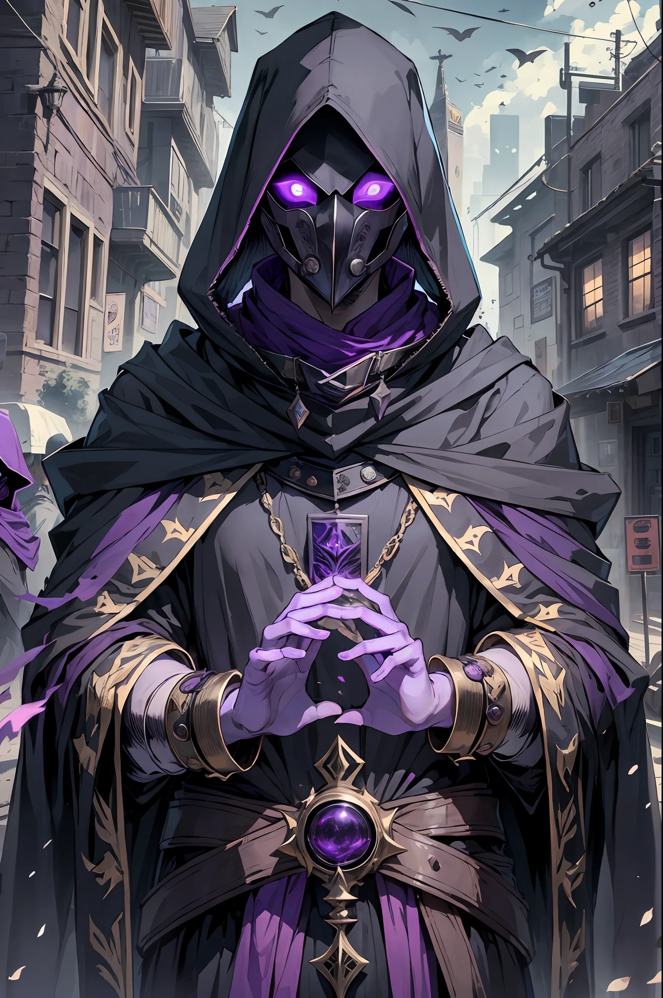 Young man wearing plague doctor mask, with a dark purple scarf, wearing a black hood, radiation containment clothing, mask that covers the whole face, no skin to show