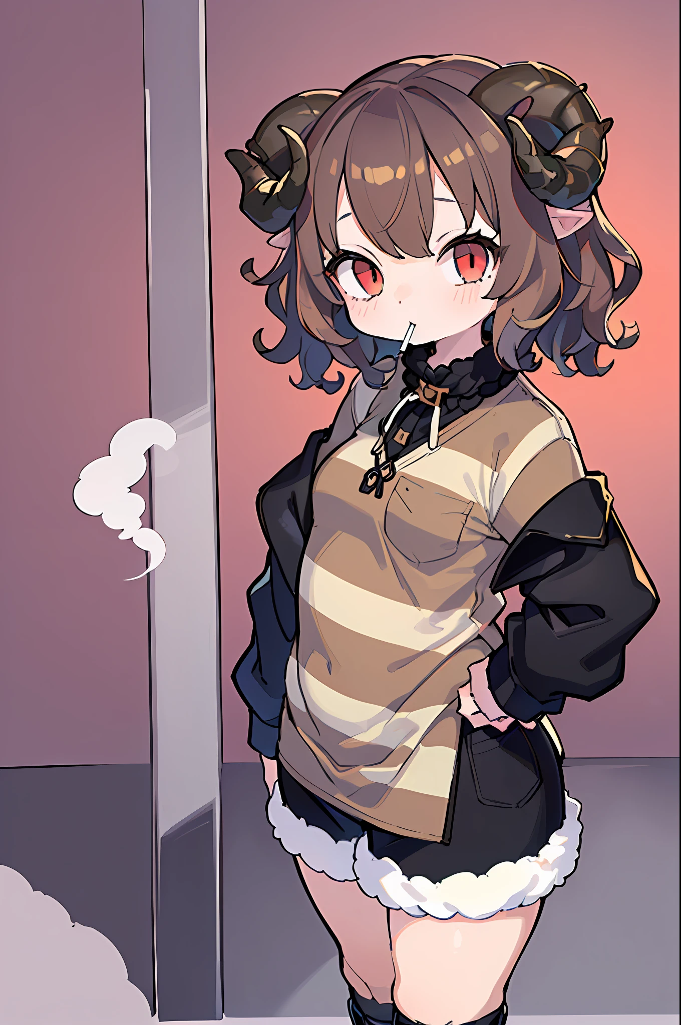 ((portrait):1.5),((9--old l /with sheep's horns):1.5), bulging hips,((brown curly hair):1.2),(wearing a striped shirt:1.4),(black shoes:1.5) ((red eyes):1.3), smoking a cigarette,((single background):1.5),4k,