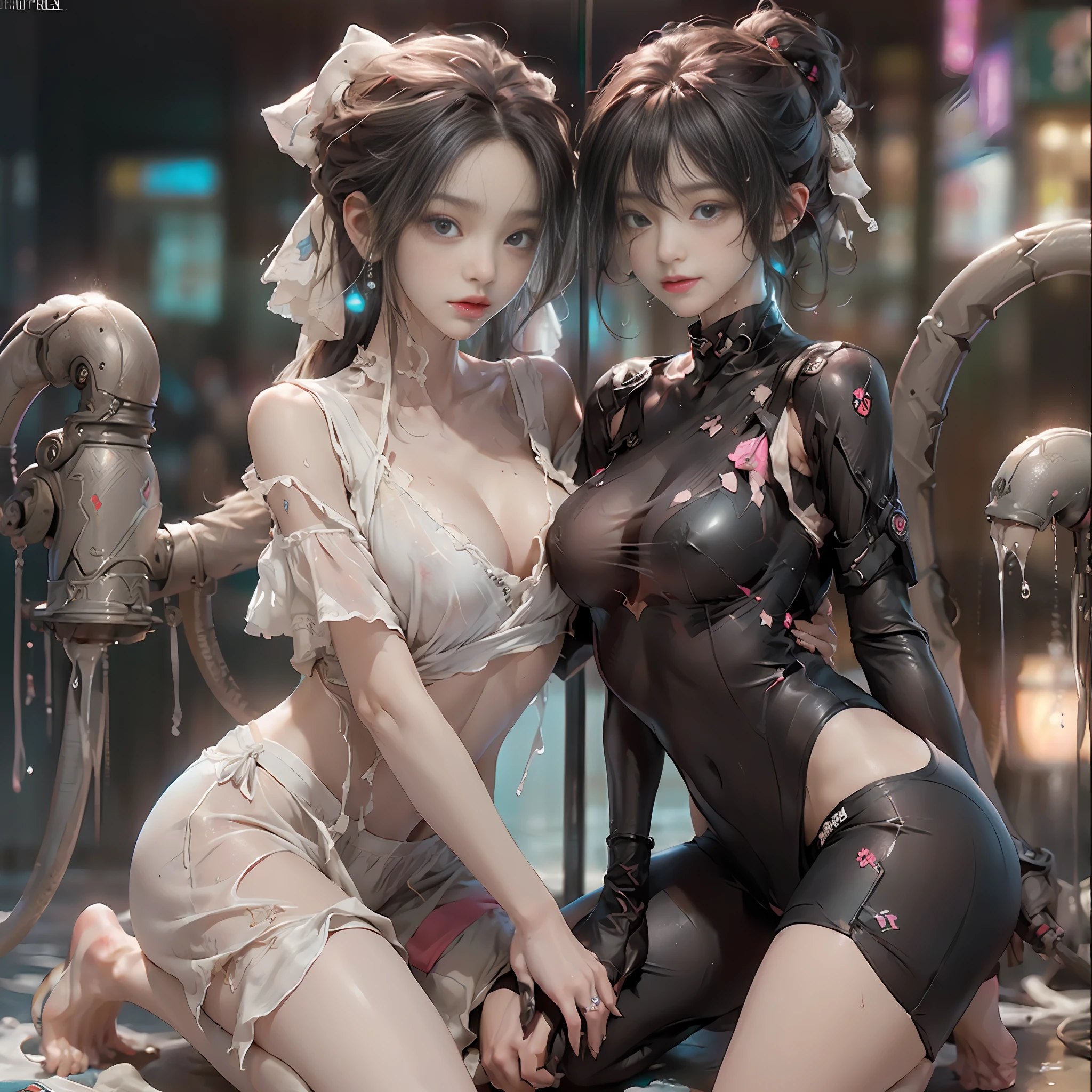 (Best Quality), ((Masterpiece), (2 Girls), (Details: 1.4), 3D, Beautiful Cyberpunk Woman, HDR (High Dynamic Range), Ray Tracing, NVIDIA RTX, Super Resolution, Unreal 5, Subsurface Scattering, PBR Texture, Post Processing, Anisotropic Filtering, Depth of Field, Maximum Sharpness and Acutance, Multilayer Textures, Albedo and Highlight Maps, Surface Shading, Accurate Simulation of Light-Material Interactions, Perfect Proportions, Octane Rendering, Two-color Light, Large Aperture, Low ISO, White Balance, Rule of Thirds, 8K RAW, Puffiness, NSFW, (Kpop Idol), (Two Girls Hugging), (Crowd Watching), Hand Touch Breast, Kneeling Position, Posture, Exposure, Seductive, Sexy, Poor, Movie, Tears, Teardrops, (Torn Clothes: 1.2), (Transparent Wet Clothes: 1.8), (Clear Parts: 1.8), Charming Leg Temptation, Drooling, Bare Shoulders, Real Rain, Wet Hair,.. Wet transparent pajamas, wet torn panties, breasts coming out, sweaty skin, blushing, (cum on face: 1.4), tits: 1.8), (in the future city), (he is wet)