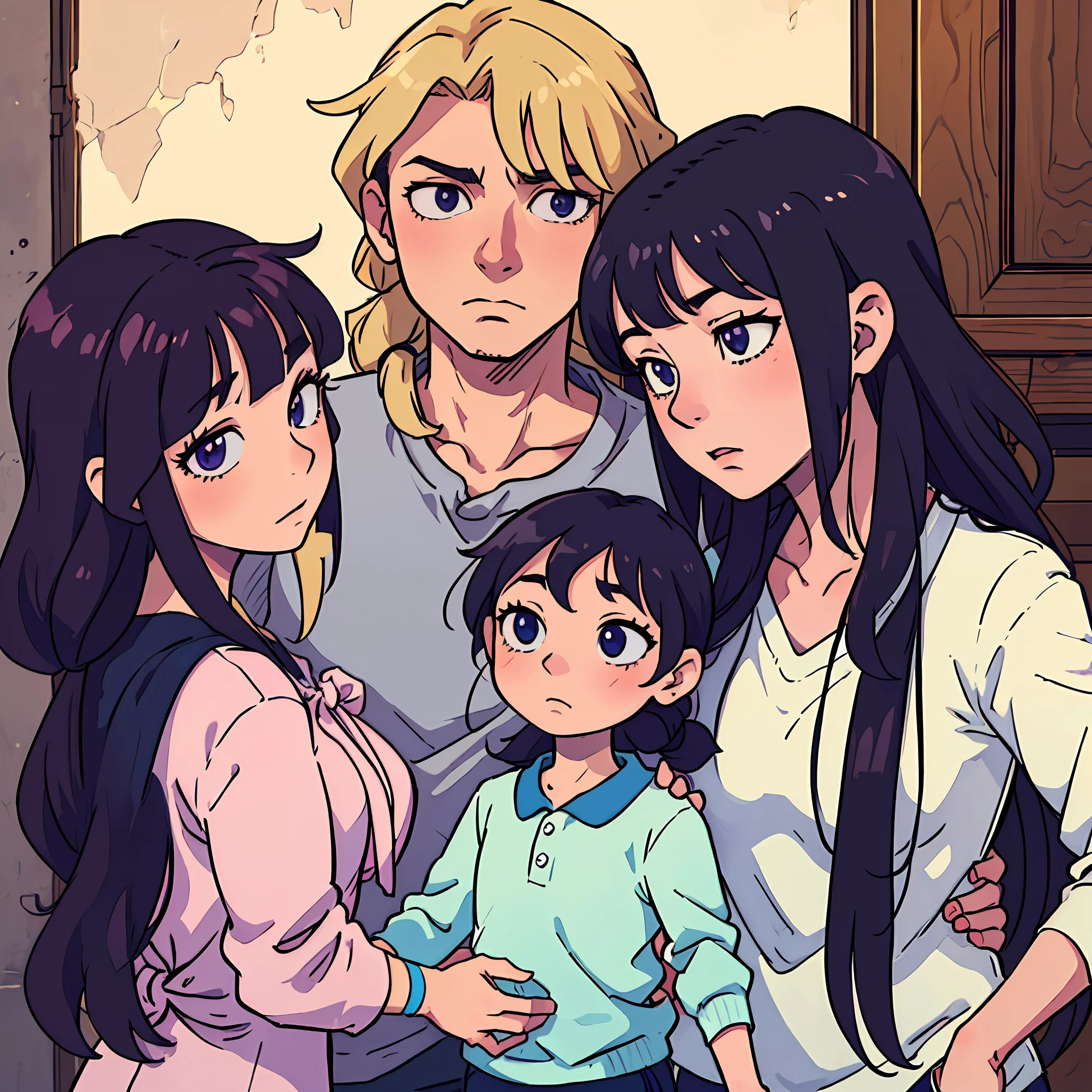 (man with long hair tied) in a (family photo) (anime style) --auto