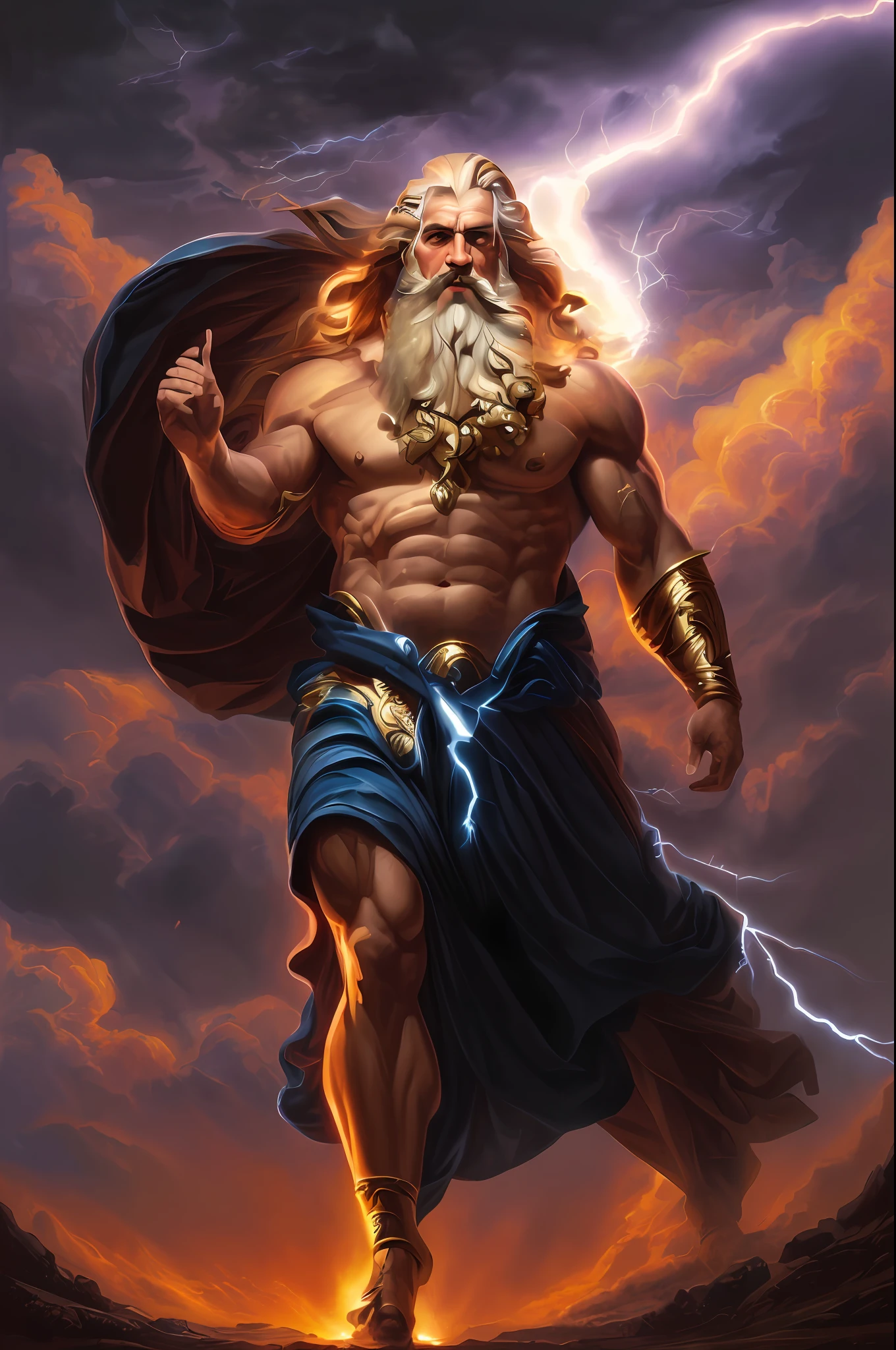 a painting of a man with a beard and a lightning bolt, furious god zeus, the god zeus, epic scene of zeus, the god poseidon, the god hades, greek myth digital painting, storm egyptian god, greek god, epic clouds and godlike lighting, painted portrait of rugged zeus, ancient god, zeus, portrait zeus, ancient blacksmith god