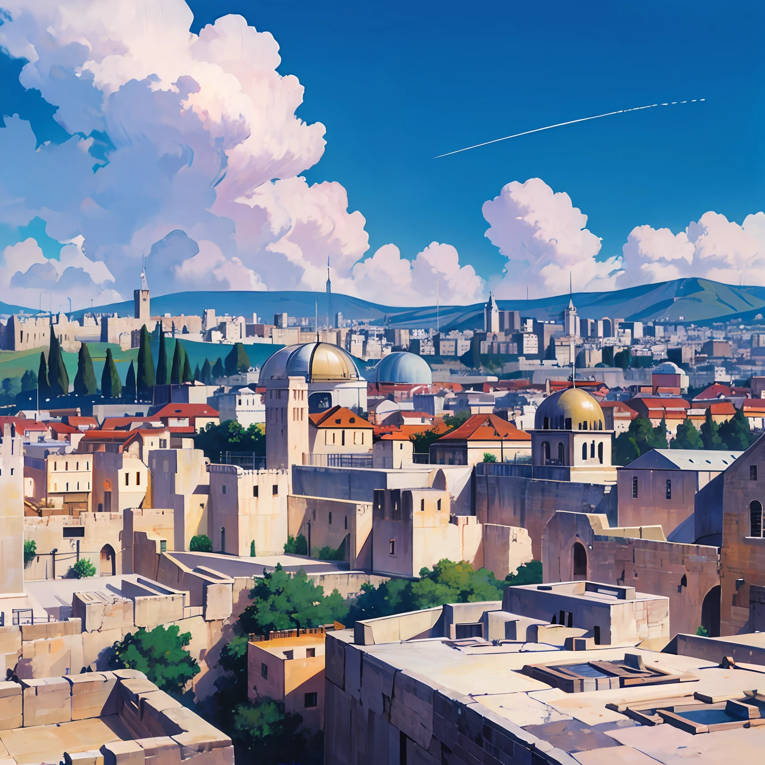 Ancient Jerusalem, from the time of Christ, realistic image, one image at every angle, sky with clouds, Roger Dean's style, 16:9, dsl mirror lens, 8K --auto --s2