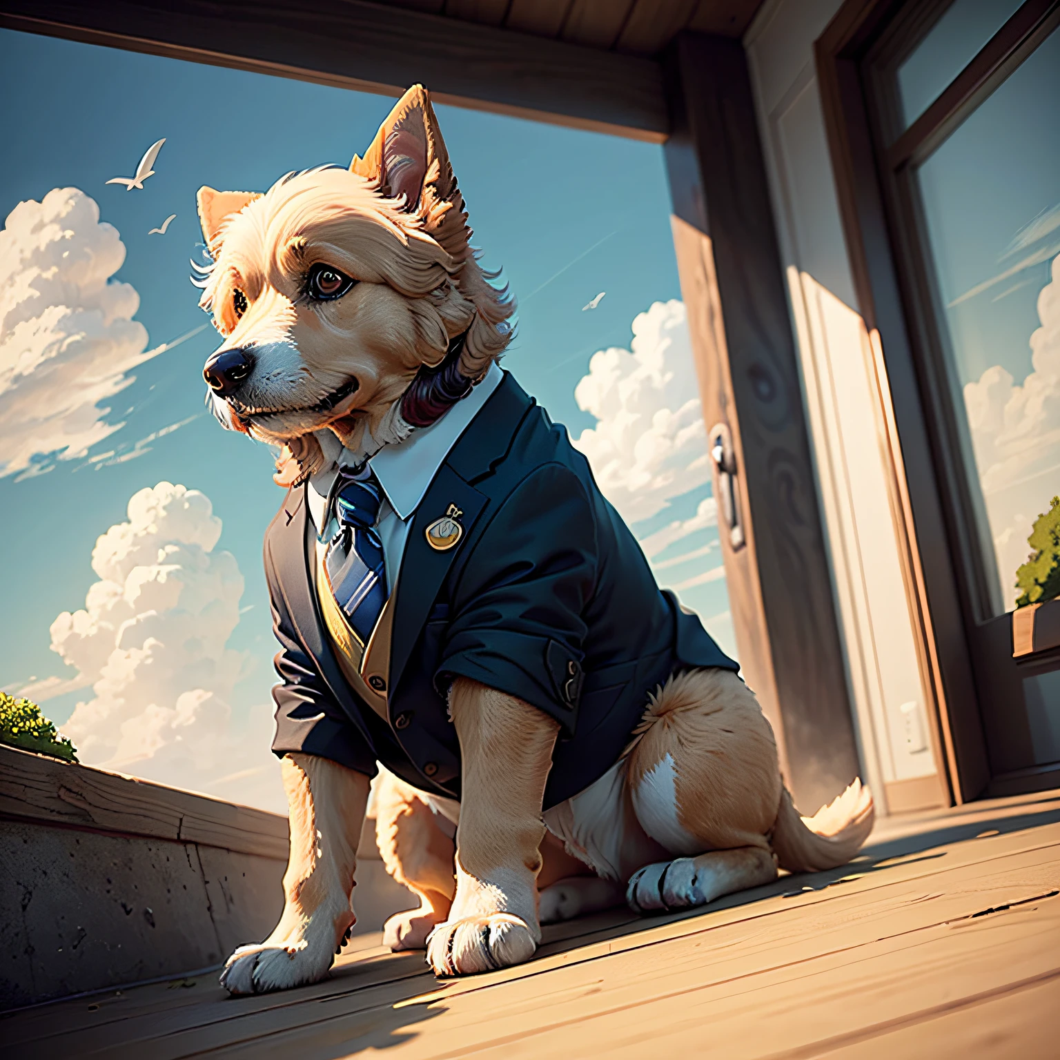 A painting of a cute goldendoodle in the sky, wearing a suit, natural light, with bright colors, by Studio Ghibli --auto