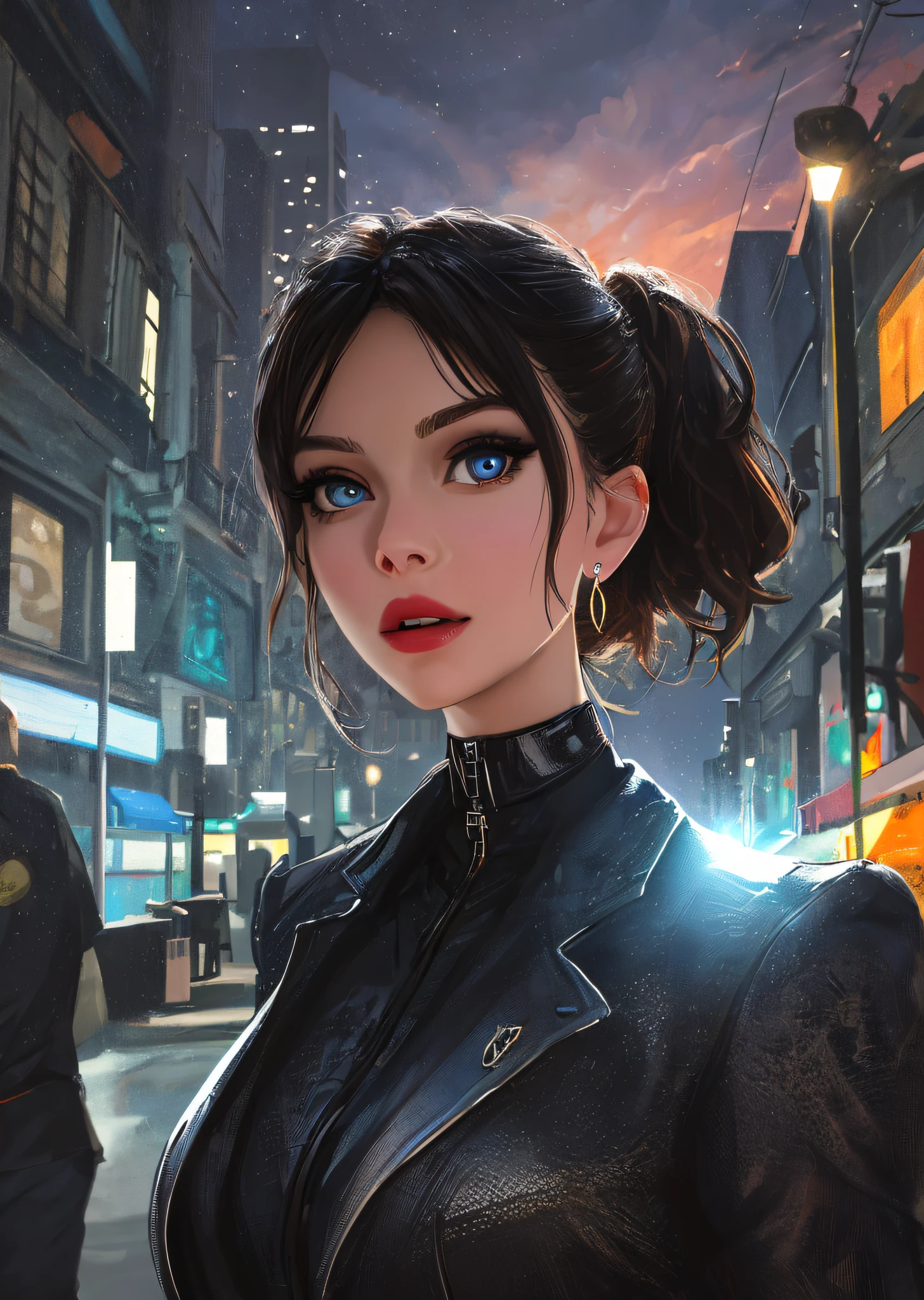 sam yang,
(dreamlikeart, redshift style, analog style:1.1), (copeseethemald style:0.5), (thepit bimbo, glossy), sexy, bimbo,portrait,

1girl, solo,
([Nina Dobrev|Emma Stone]:1.1), closeup, extreme closeup, looking at viewer, symmetric, centered,
pantsuit, business suit, elegant suit, white crop top shirt,

shinny skin, oily skin, subsurface skin scattering, shiny skin,
choker, earrings, eyelashes, eyeshadow, lips, lipstick, jewelry, makeup, nose, parted lips, navel,
beautiful detailed blue eyes, redhead,

realistic, photo-realistic, well-lit face, glowing face, face focus, see-through,
(night:1.2), dark, scary, dark city, alley, chased, danger, worried, afraid, stressed,  building, street lights, detailed background,

[(dust particle paint explosion:1.2)::0.11], (secret:0.8),