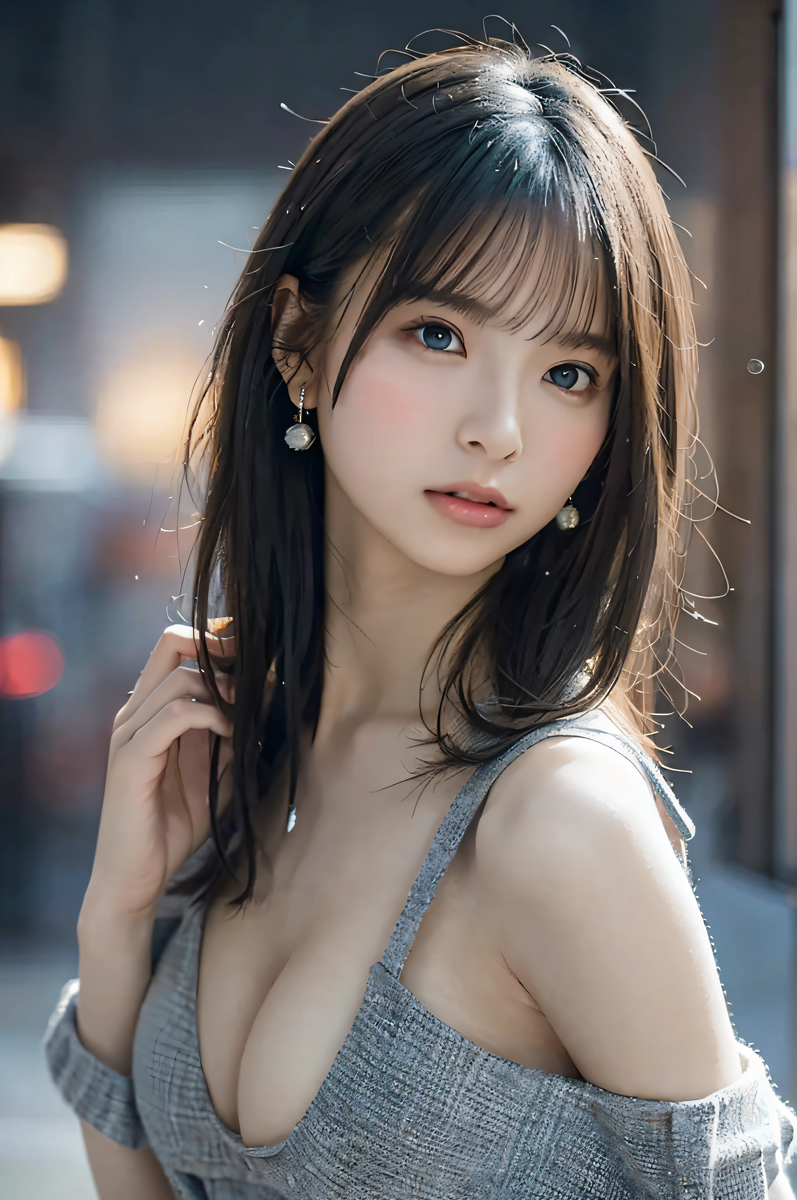 random pose, mix4, (8k, RAW photo, best quality, masterpiece: 1.45), (realistic, photorealistic: 1.37), one girl, cute, cityscape, night, rain, wet, professional lighting, photons mapping, radiosity, physically based rendering, gradient black hair, gray hair, short curly hair, handsome, girl, Deep V-neckline slip dress, top quality photo, high res, 1080p, (clear face), (detailed face description), (detailed hand description), (masterpiece), (exquisite CG), extreme light and shadow, disheveled hair, master work, rich details, (fine facial features), (highest quality photo), (masterpiece), (detailed eyes), look in front of you eyes, fine clavicle, ((large breasts)),(((areola_slip))),((puffy areolae)),((sideboob)),(underboob),(((collar))),earrings,