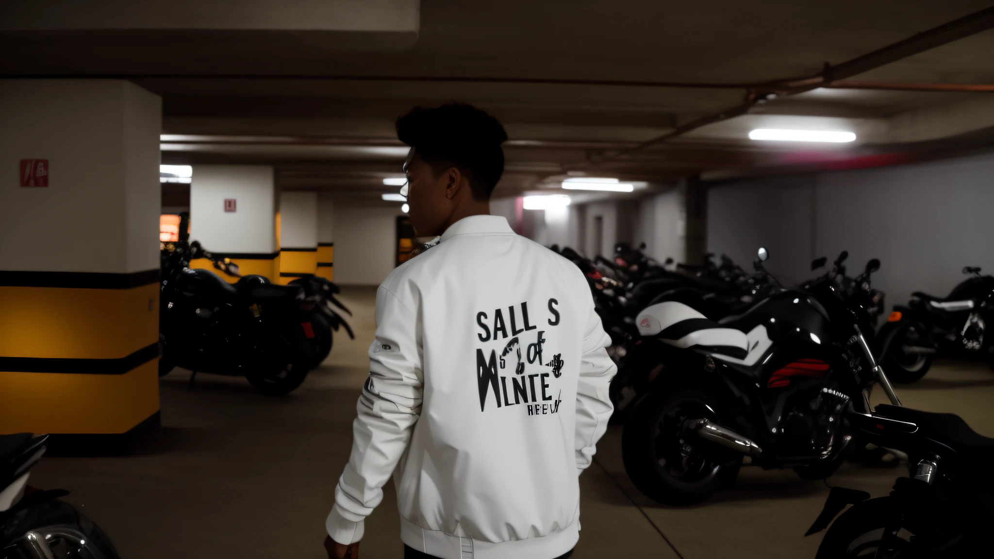 there is a man standing in a parking garage with a white jacket, wearing jacket, sails, streetwear, white jacket, wearing off - white style, trending on r/streetwear, streetwear fashion, documentary still, outlive streetwear collection, fear of god style, japanese streetwear, rides, trails of ink follow movements, movie promo, subtitles, jacket, gills,anime,3d,white skin,biker