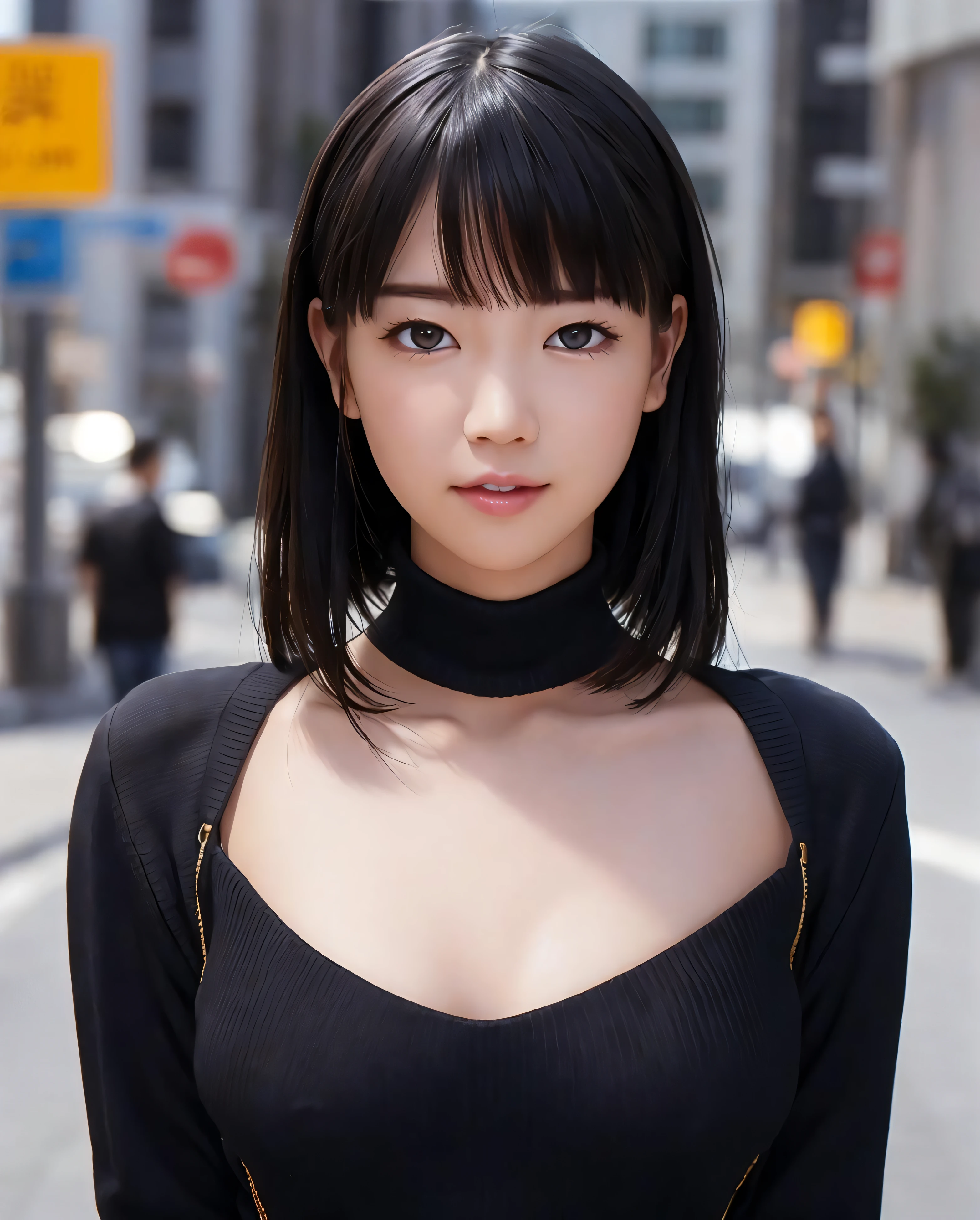 pureerosface_v1, best quality, photorealistic, 8k, high res, 1girl, woman, (skindentation), (portrait:0.6), ((cityscapebackground:1.6, smallsize round breast, highneck sweater:1.5)), straight-looking at viewer:1.8, (1girl eyes looking at viewer:1.45, medium-length hair, blackhair, partedbangs:1.15), photorealistic, (bokeh),