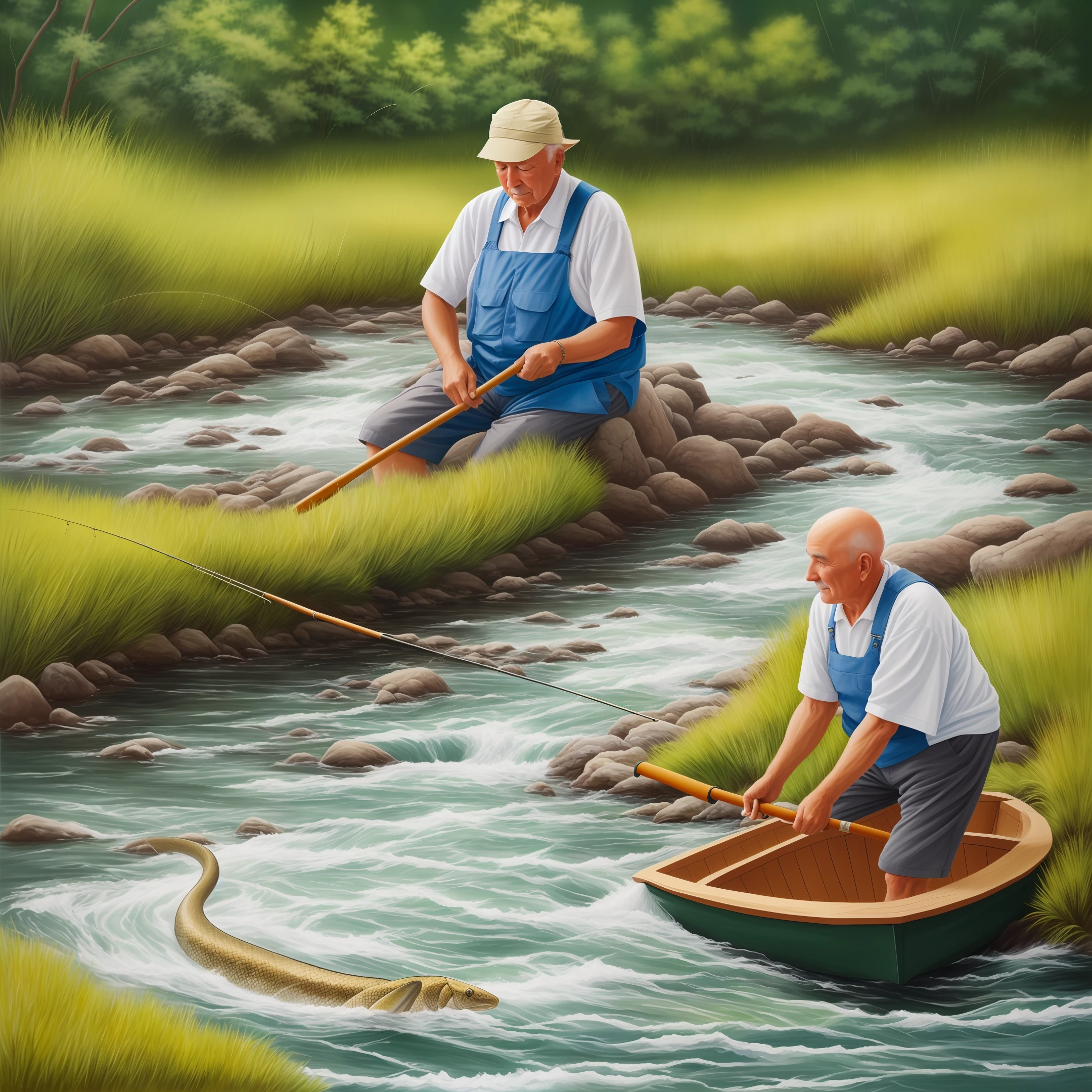 Bald old Man fishing on river with a lot of fish + snake attack + Realistic image + colorfully painting