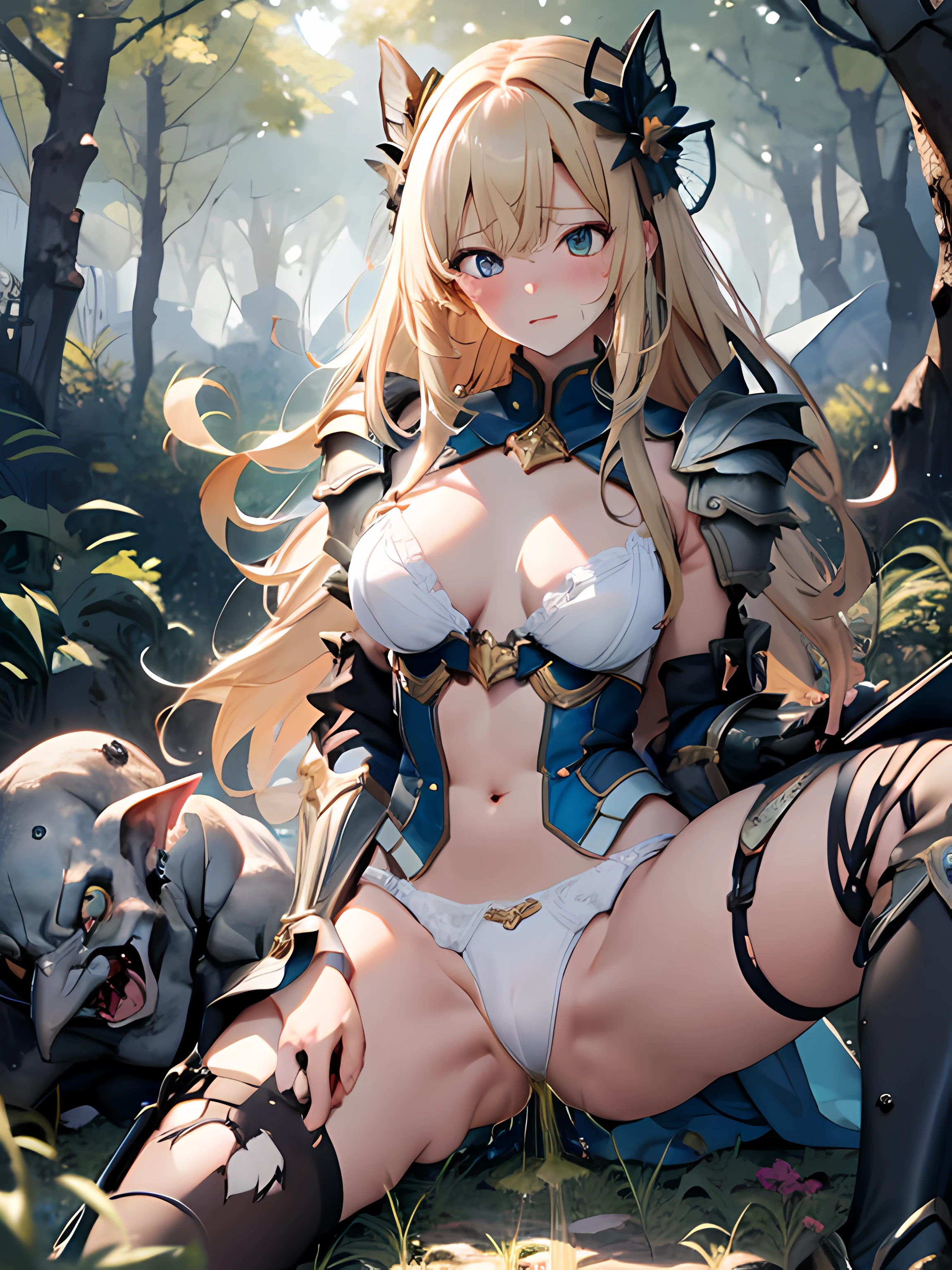 (Peeing self:1.5) NSFW, masterpiece, Best quality, Ultra high definition, Maximum resolution, Very detailed, Professional lighting, anime, single girl, slender, very cute, young face, hands restrained, armored dress, blue and white armor, white panties, golden decoration, torn clothes, wet clothes, (sheer clothes: 1.1), fluffy breasts, blonde hair, blue eyes, crying, tearing, lying down, open legs, legs raised, cleavage, ( Multiple Goblins: 1.5), Attacked by Goblins, Into the Forest