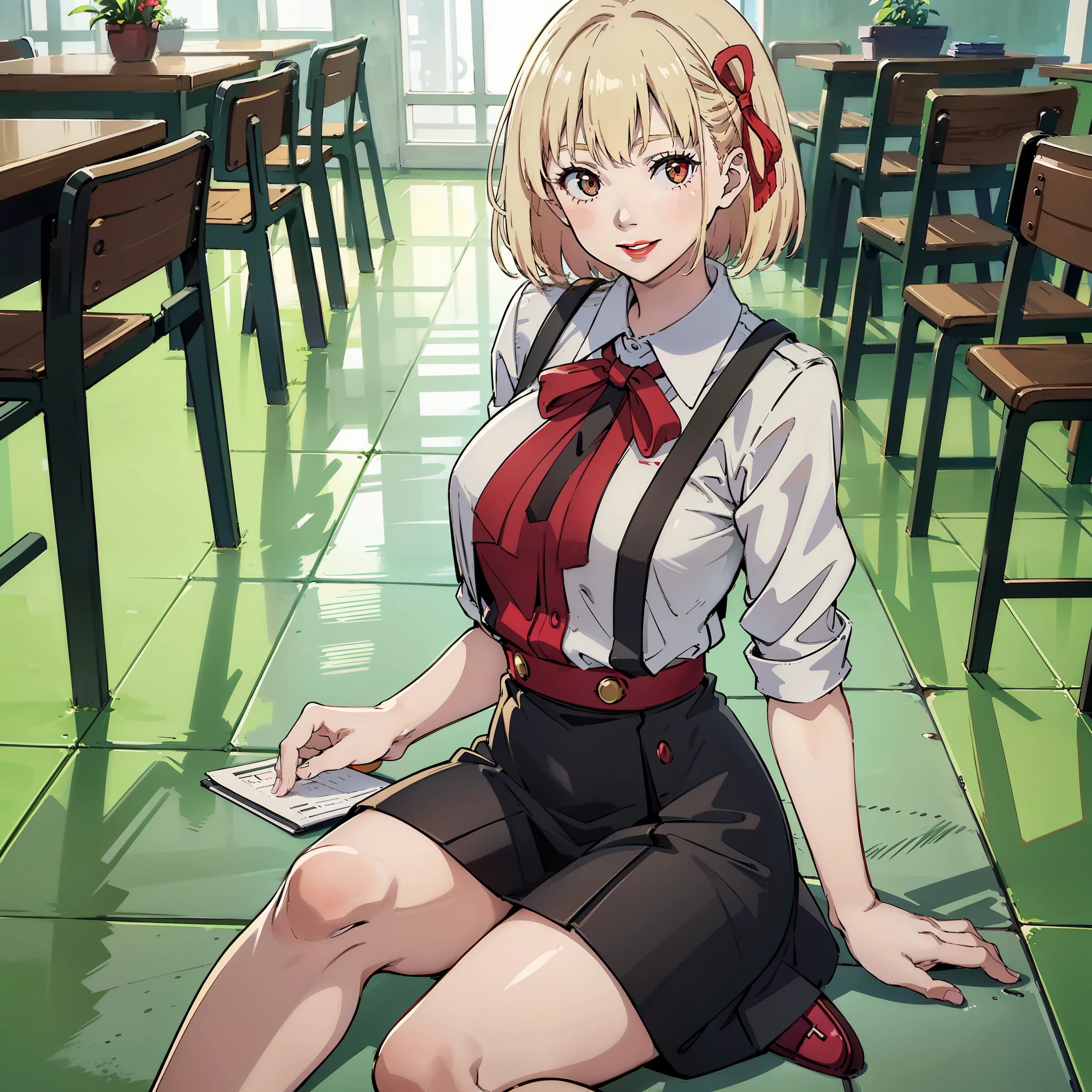 Girl, white skin, short blonde hair, red bow in hair, smile, green eyes, lipstick on lips, thin lips, round and pequneno nose, medium breasts, black and red dress, golden brooch, perfect hands, thick thighs, sitting on the floor, embarrassed, notebooks on the floor, middle of the school hall