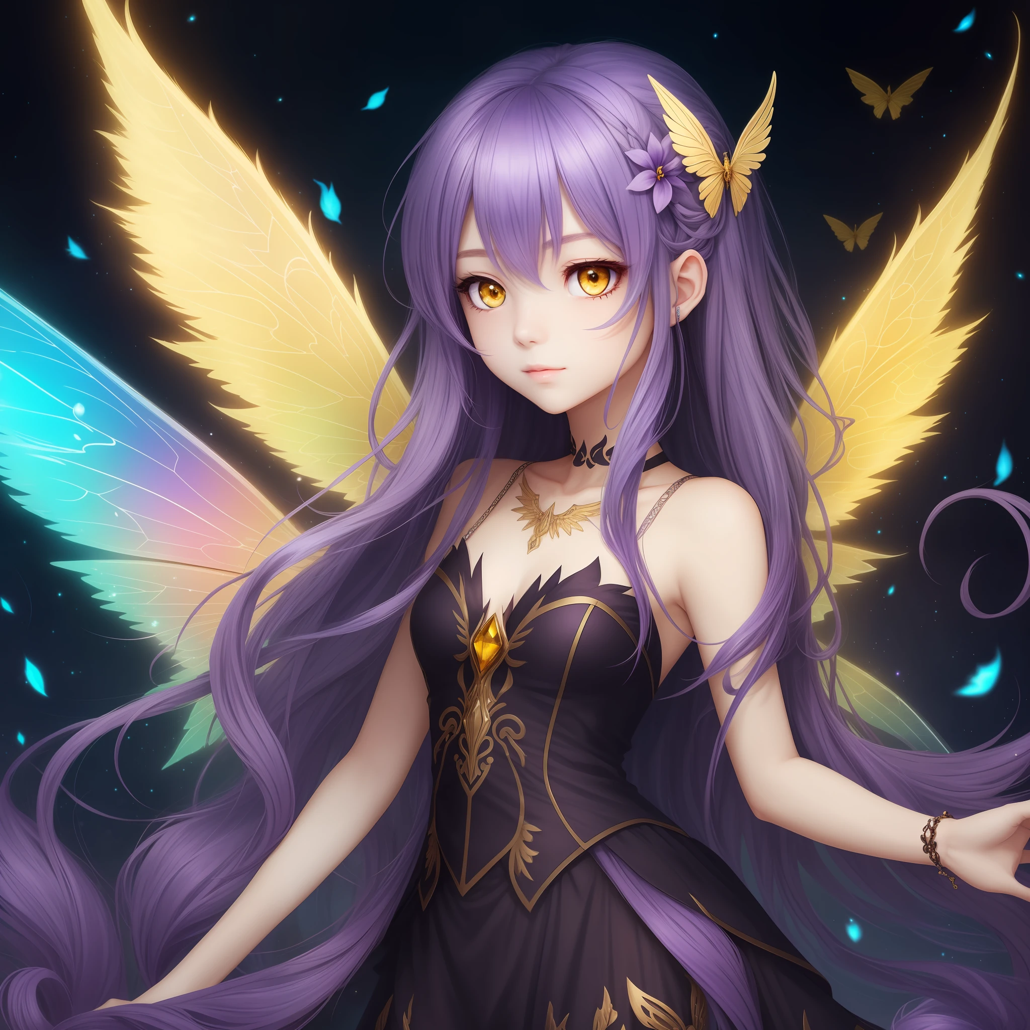 A fairy, bluish purple hair, yellow eyes, bright wings --auto