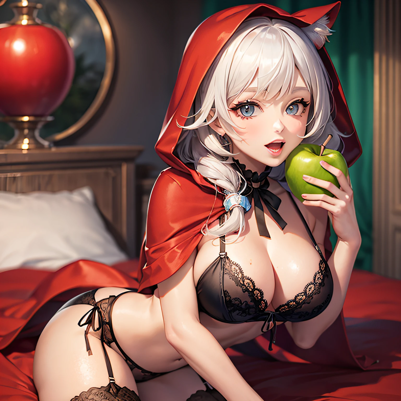 Little Red Riding Hood in sexy lingerie, holding an apple with the big bad wolf watching her