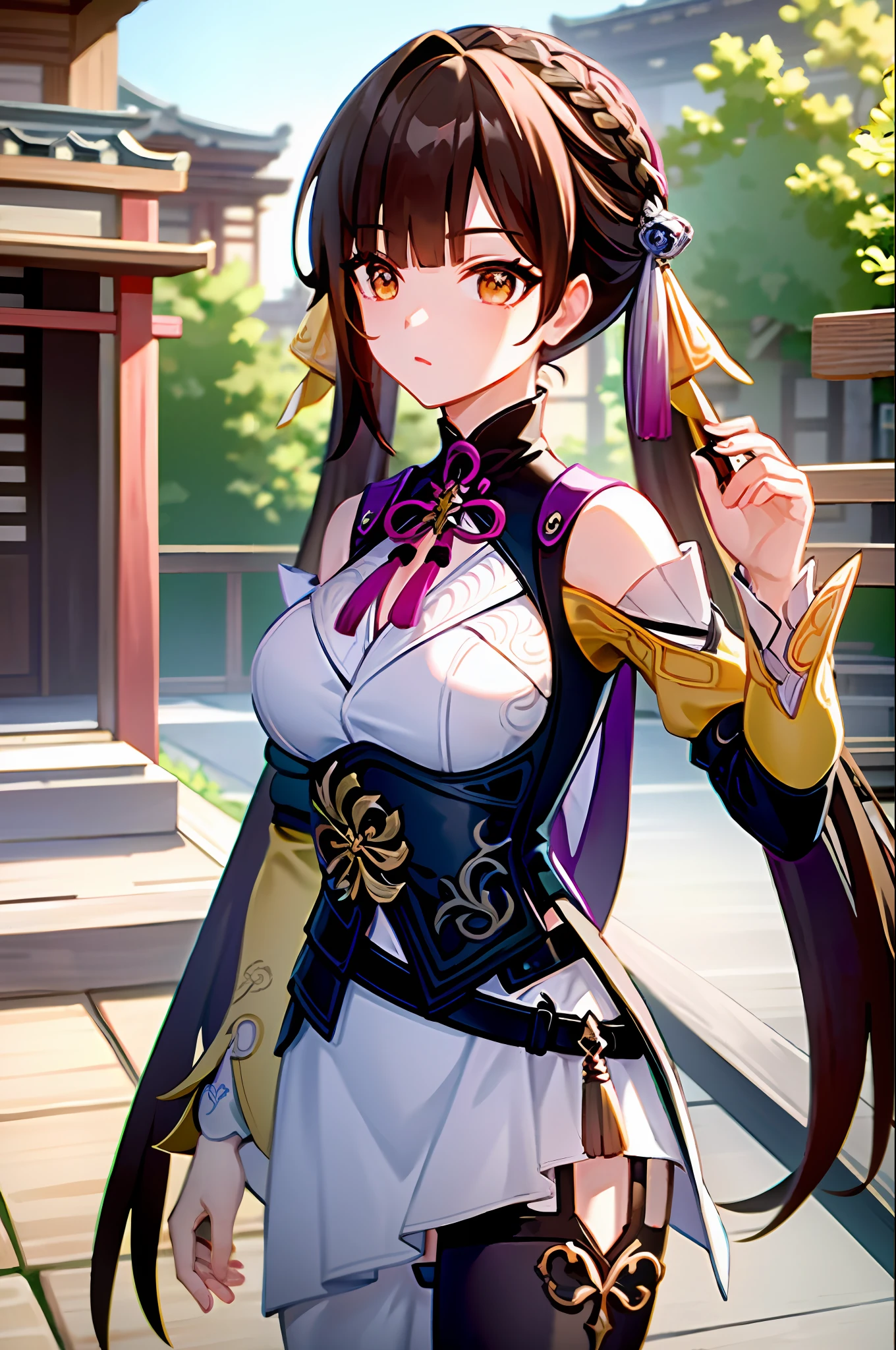(8k, RAW photo, best quality, masterpiece:1.2,ultra-detailed, official art, unity 8k wallpaper), 1girl, SushangV4, solo, long hair, large breasts, hair ornament, long sleeves, dress, cleavage, bare shoulders, closed mouth, holding long sword, braid, chinese clothes,(outdoors, ancient Chinese architecture :1.5),rendered in blender((isometric)),