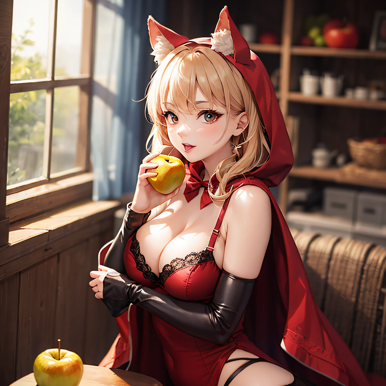 Little Red Riding Hood in sexy lingerie, holding an apple with the big bad wolf watching her